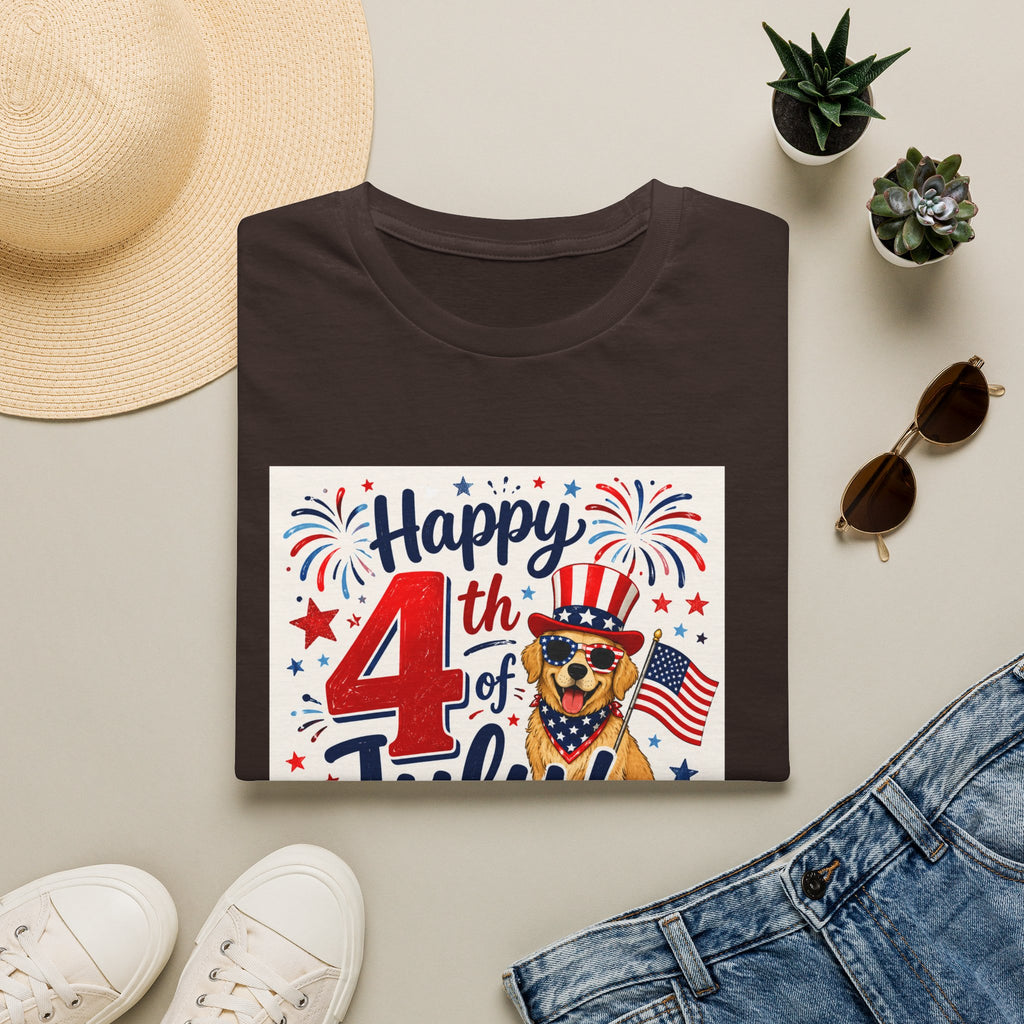 4th of July Dog T-Shirt — "Happy 4th of July" Patriotic Fireworks Tee