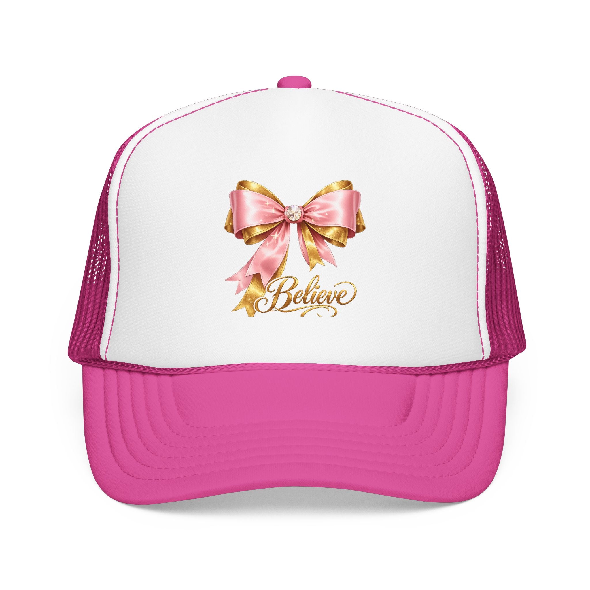 Believe Bow Trucker Hat – Pink Ribbon & Gold Script Foam Cap