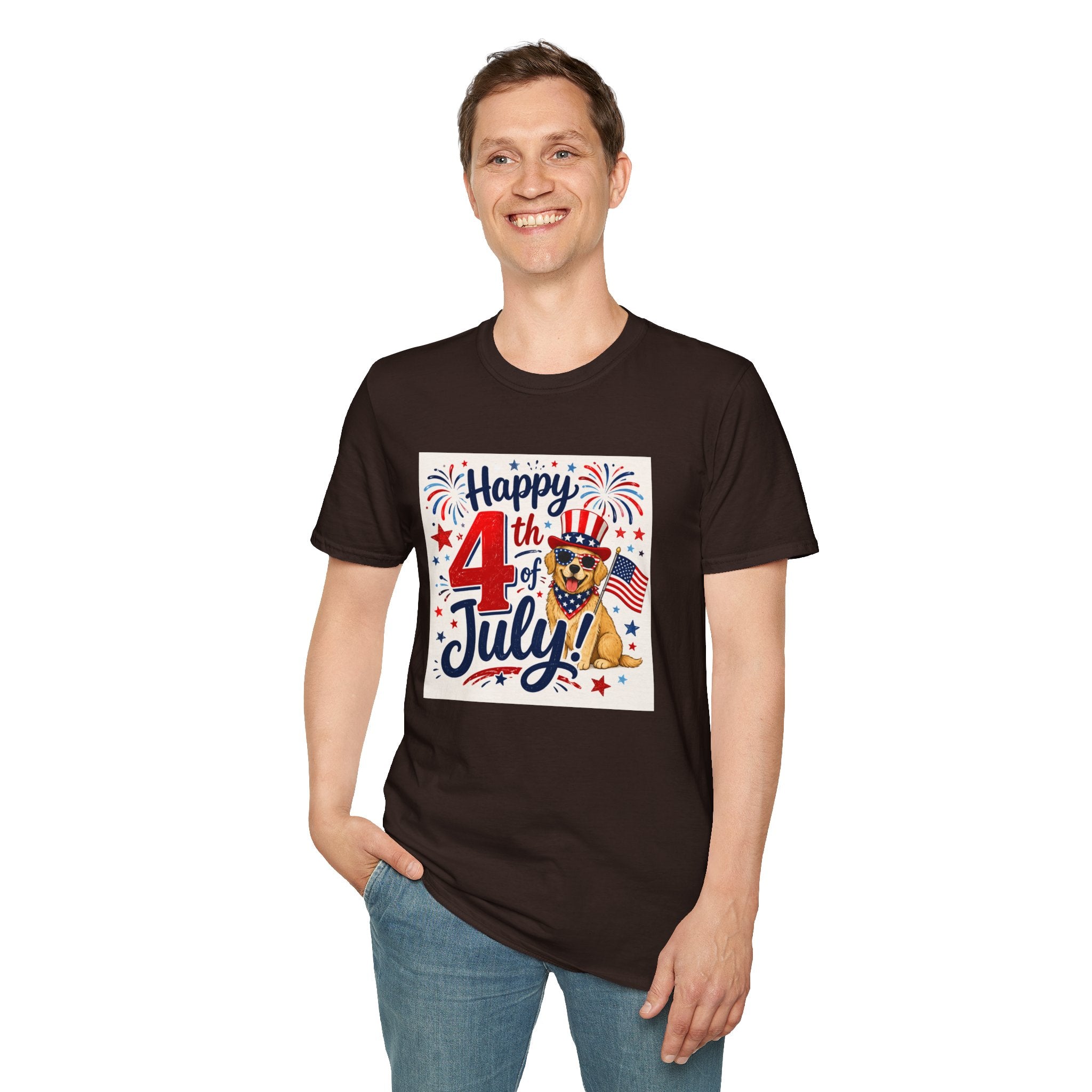 4th of July Dog T-Shirt — "Happy 4th of July" Patriotic Fireworks Tee