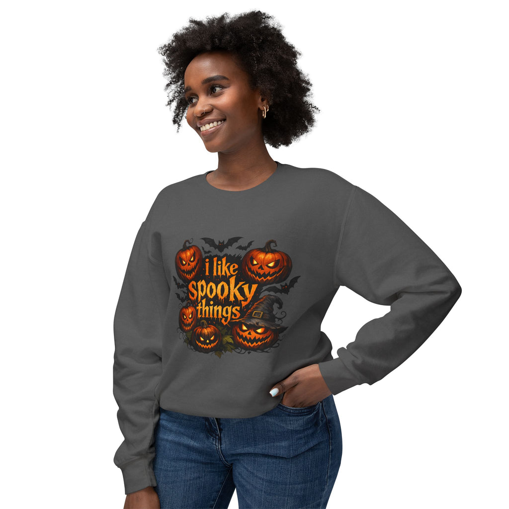 Halloween Sweatshirt — "I Like Spooky Things" Pumpkin & Bats Crewneck