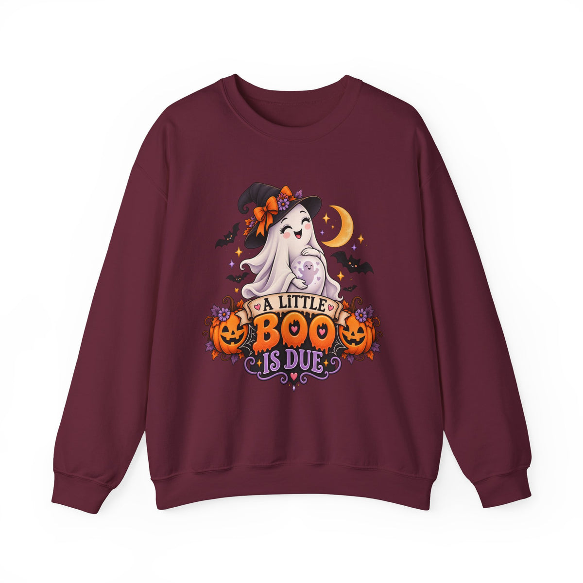 Halloween Maternity Sweatshirt — "A Little Boo Is Due" Ghost Mom Crewneck