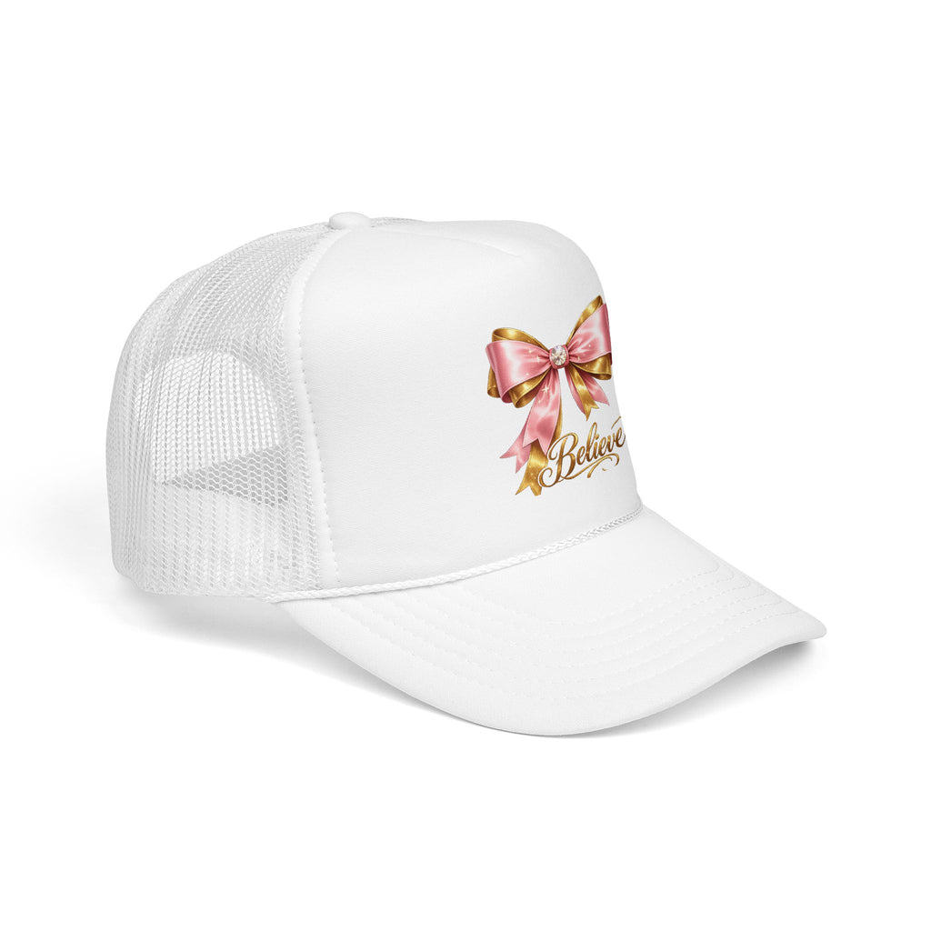 Believe Bow Trucker Hat – Pink Ribbon & Gold Script Foam Cap