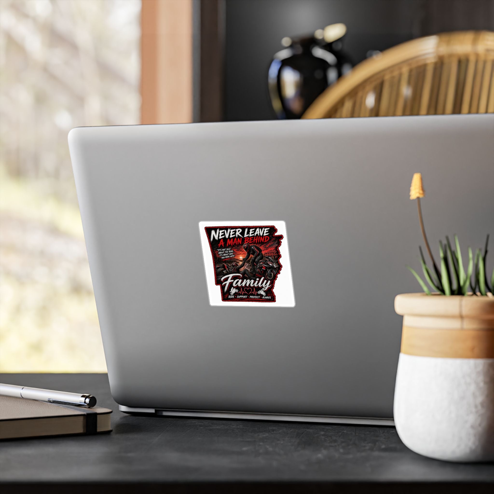 Kiss-Cut Sticker — “Never Leave a Man Behind” Motorcycle Family Rescue Decal