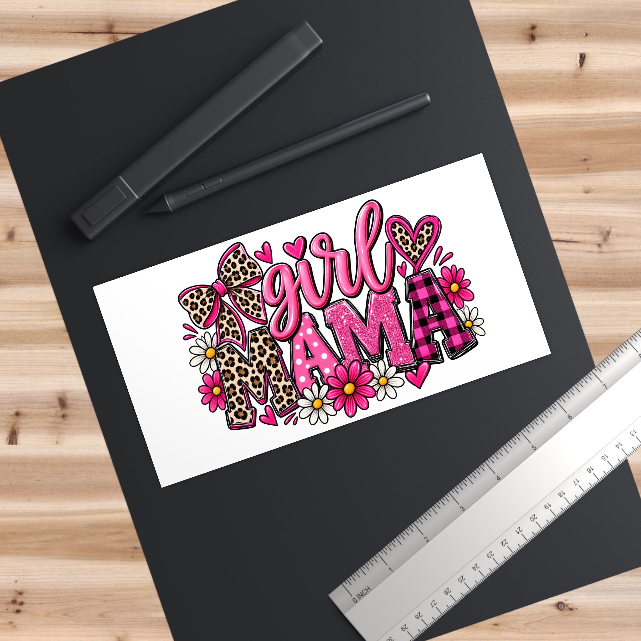 Girl Mama Bumper Sticker — Pink Leopard, Plaid & Floral Car Decal