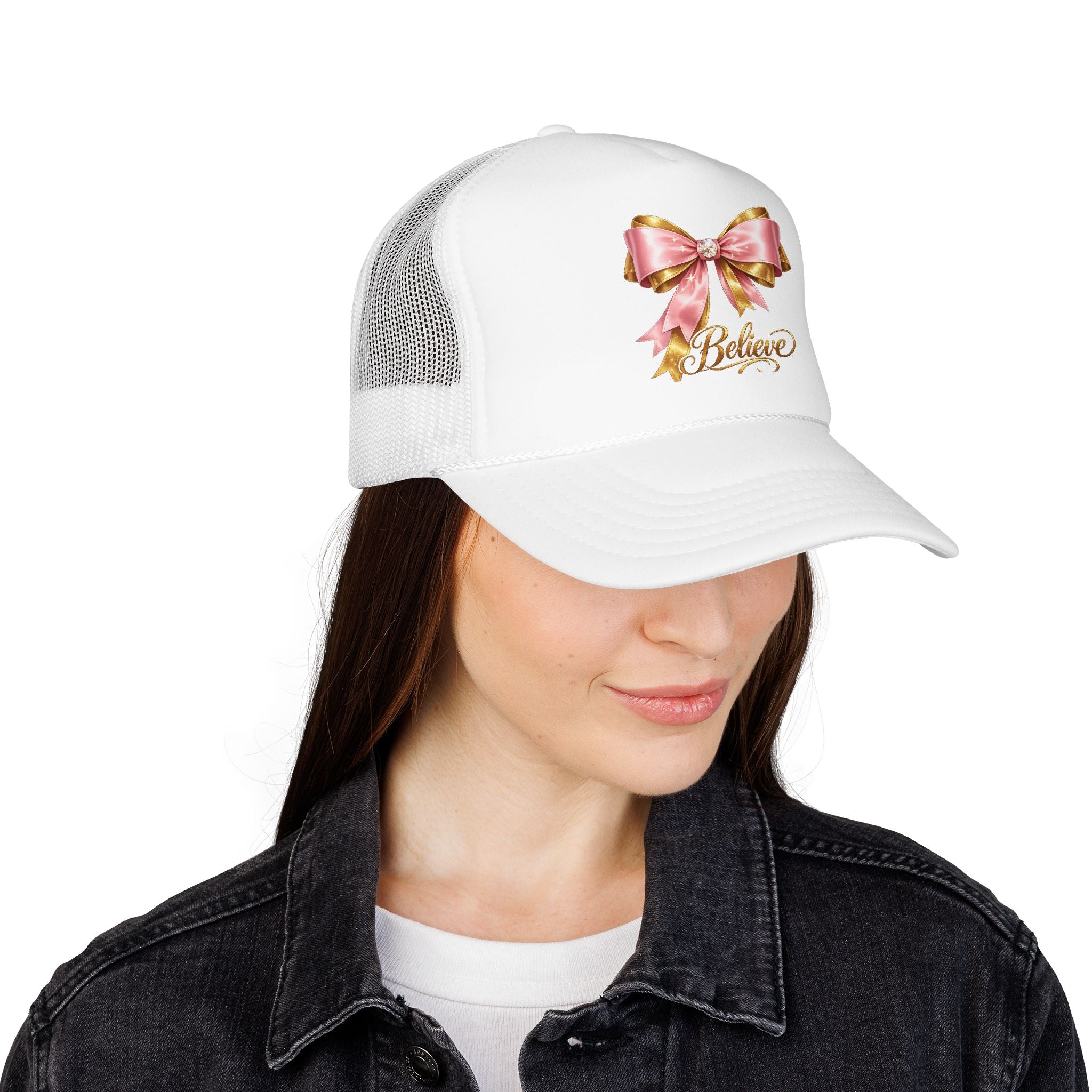 Believe Bow Trucker Hat – Pink Ribbon & Gold Script Foam Cap
