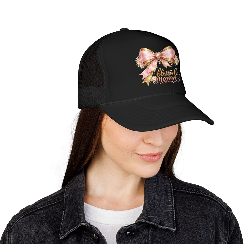 Blessed Mama Trucker Hat — Pink Ribbon Floral Mom Cap
