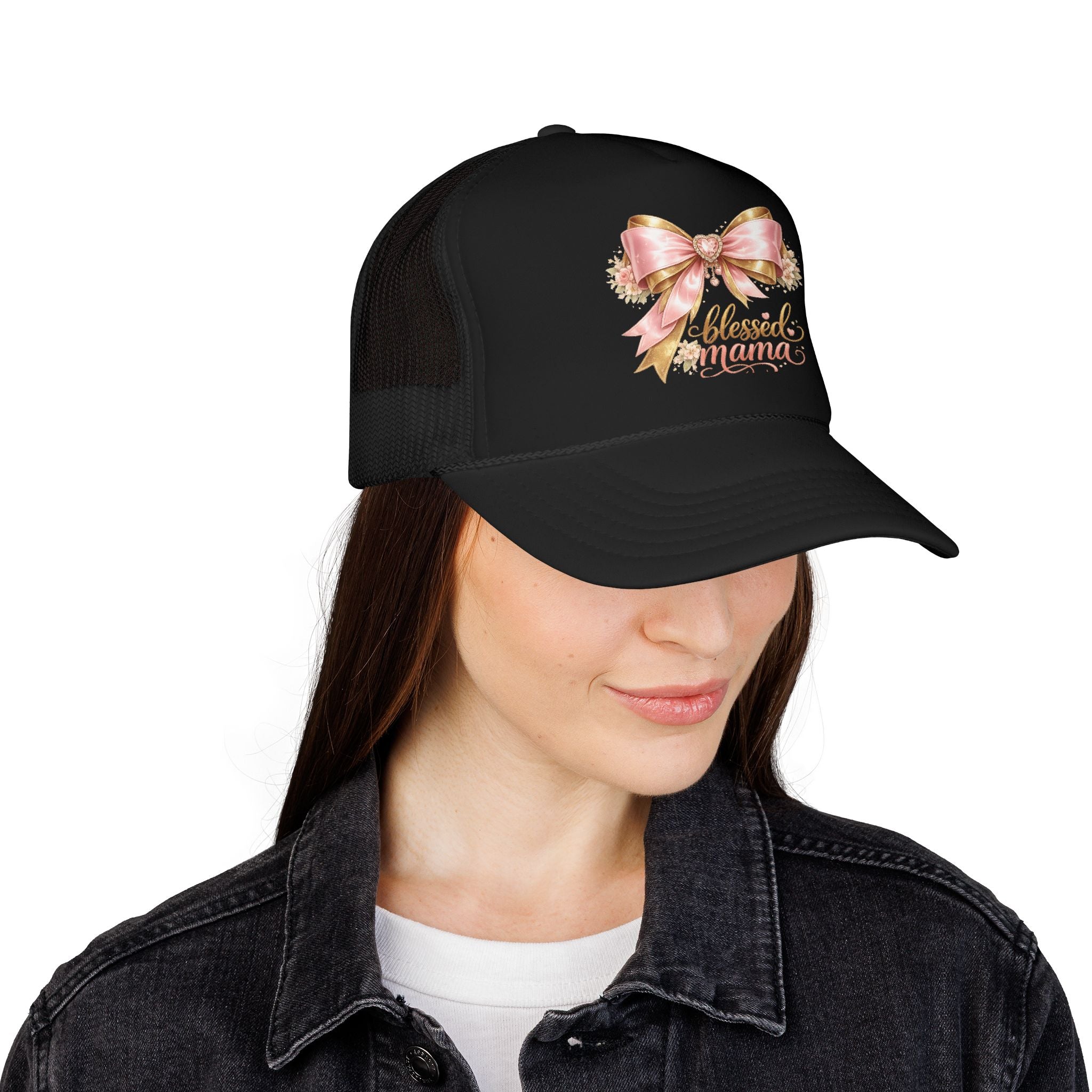 Blessed Mama Trucker Hat — Pink Ribbon Floral Mom Cap