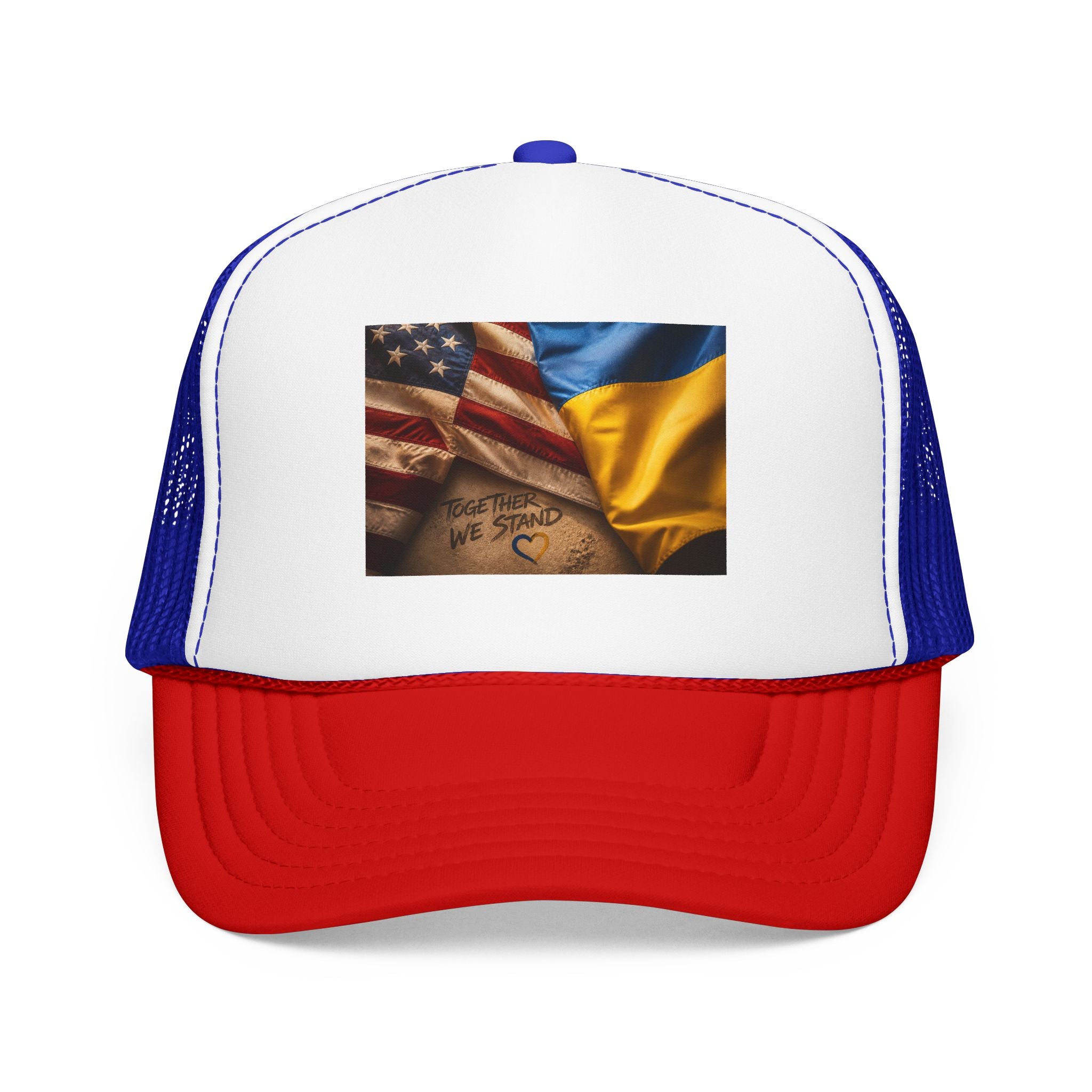 Trucker Hat — American & Ukrainian Flags "Together We Stand" Patriotic Foam Cap