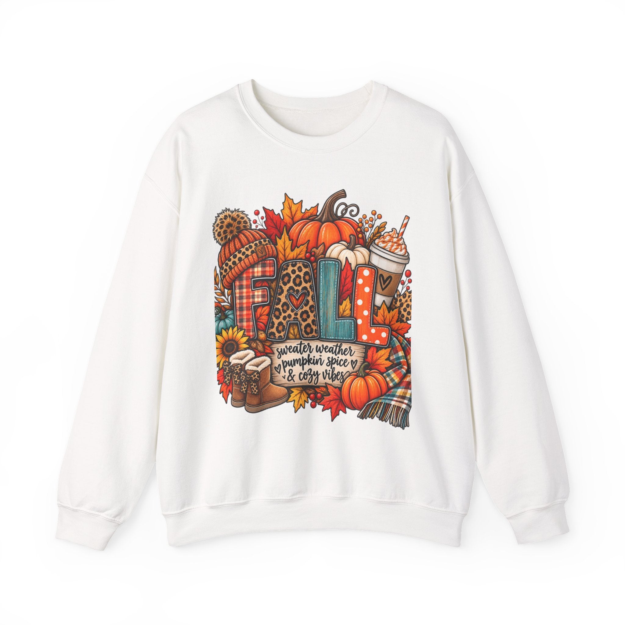 Fall Cozy Crewneck Sweatshirt — Pumpkin, Plaid & Coffee Autumn Graphic