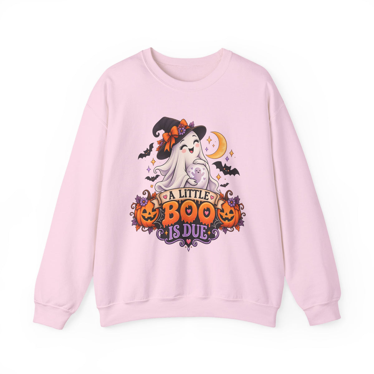 Halloween Maternity Sweatshirt — "A Little Boo Is Due" Ghost Mom Crewneck