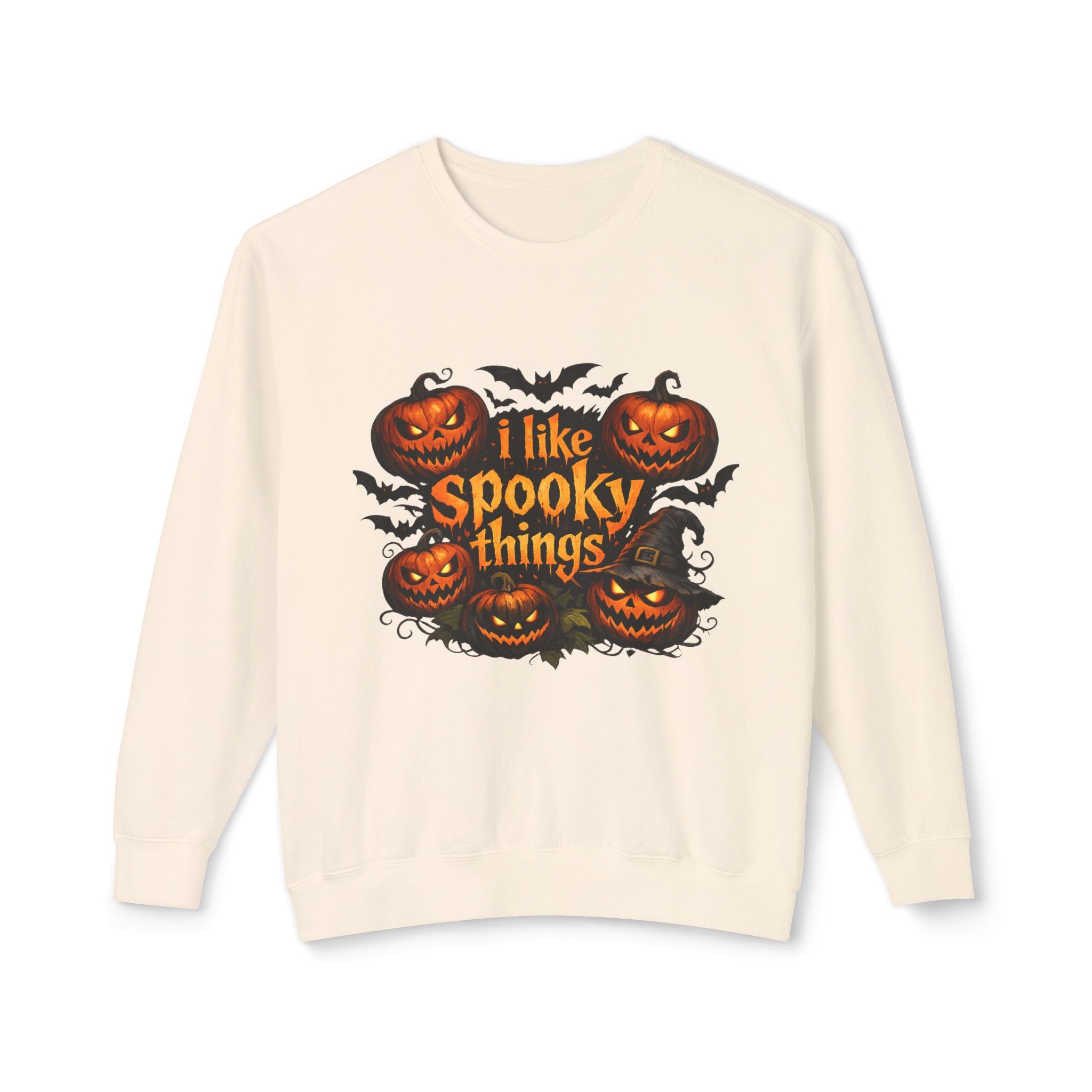 Halloween Sweatshirt — "I Like Spooky Things" Pumpkin & Bats Crewneck