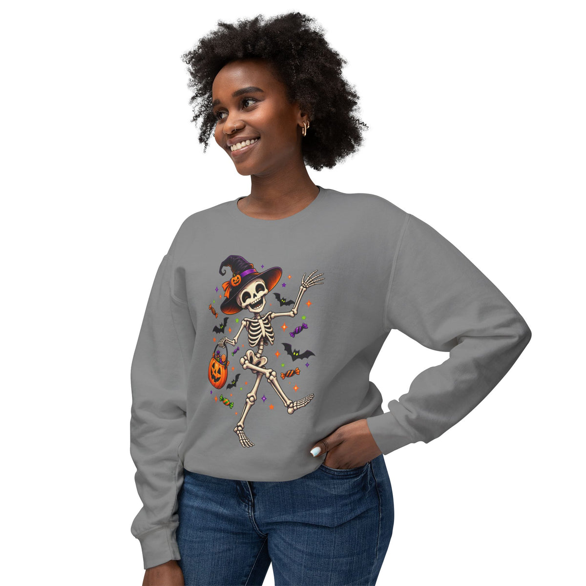 Halloween Dancing Skeleton Sweatshirt — Witch Hat Trick-or-Treat Pumpkin Design