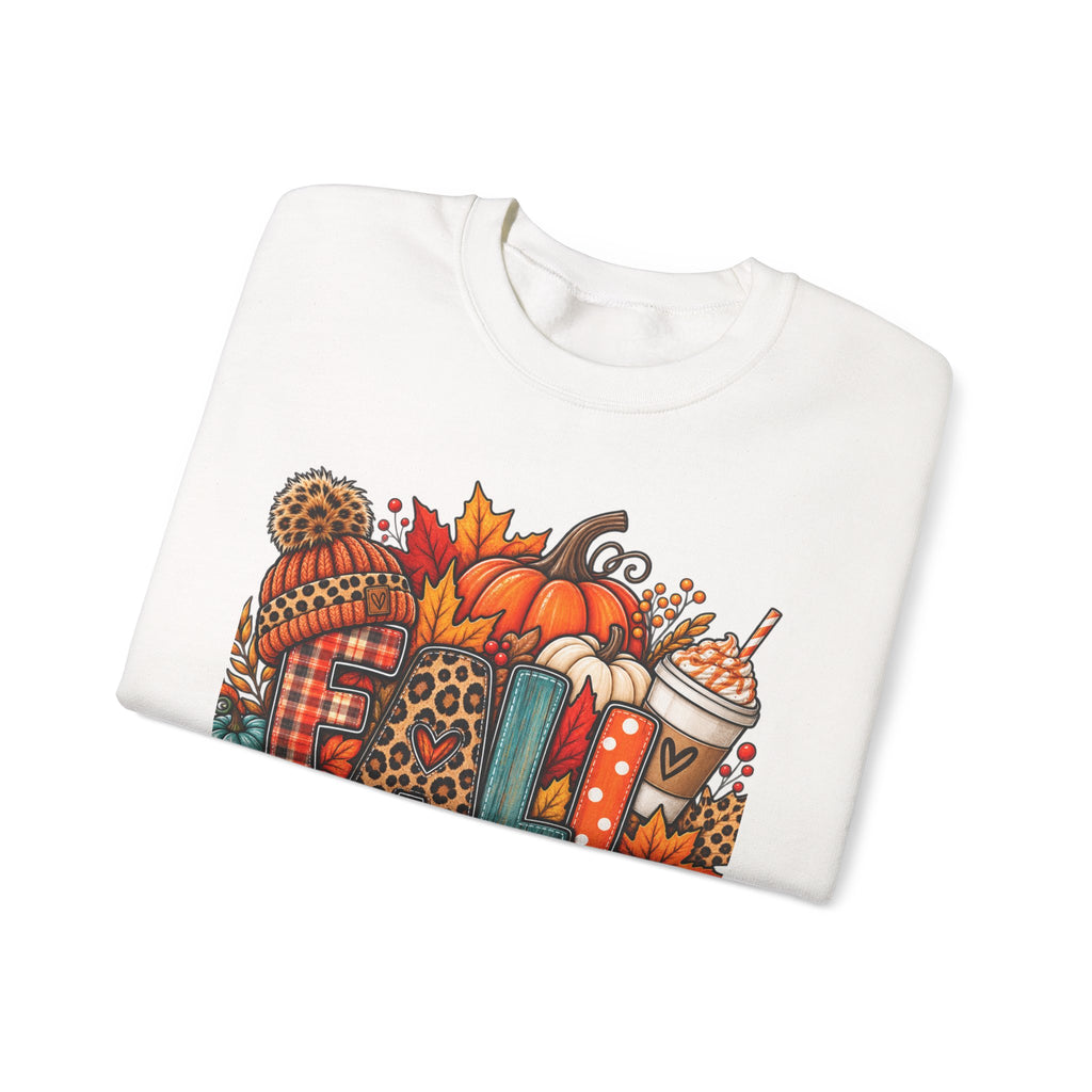 Fall Cozy Crewneck Sweatshirt — Pumpkin, Plaid & Coffee Autumn Graphic