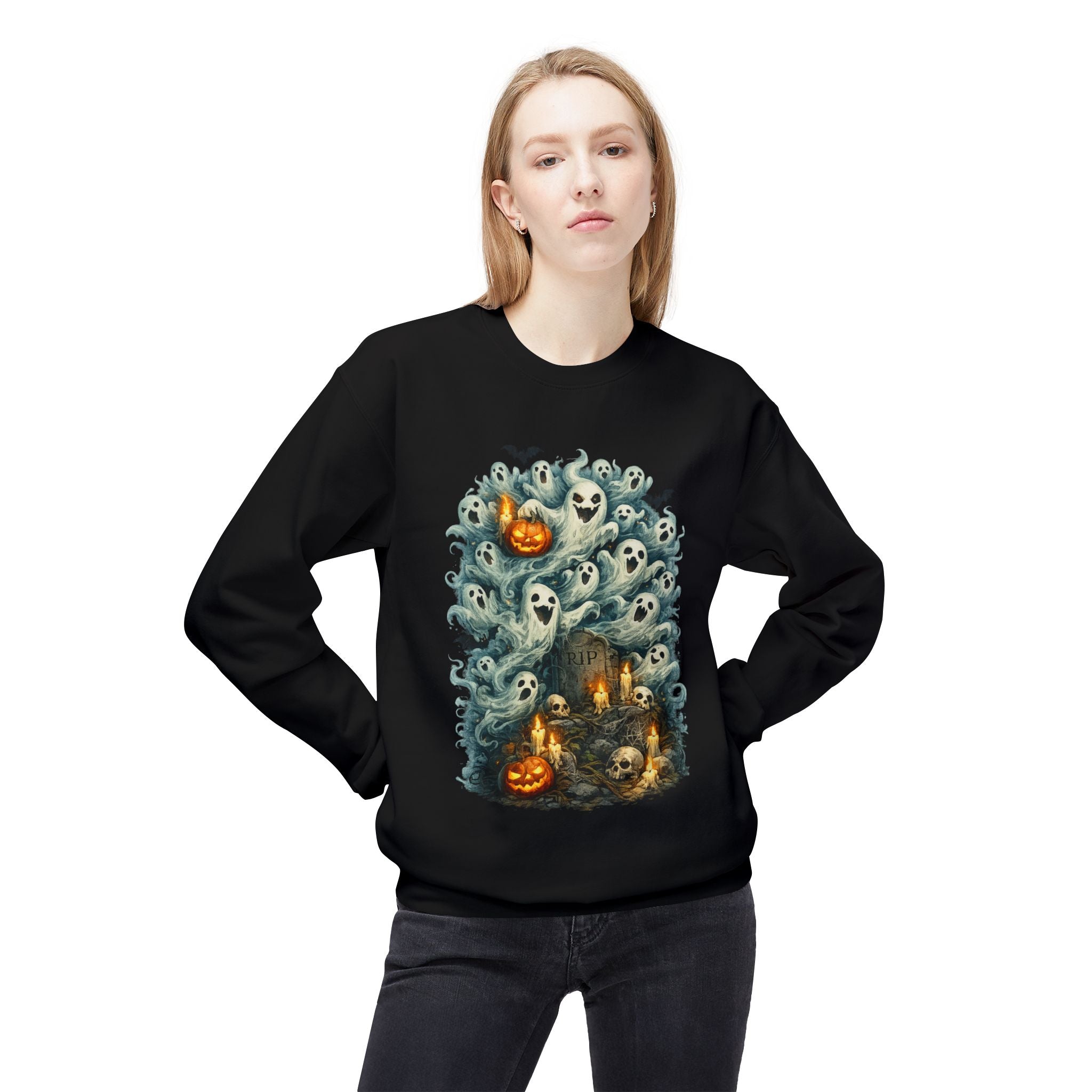 Halloween Ghost Crewneck Sweatshirt — Cute Haunted Pumpkin & Spirits Graphic
