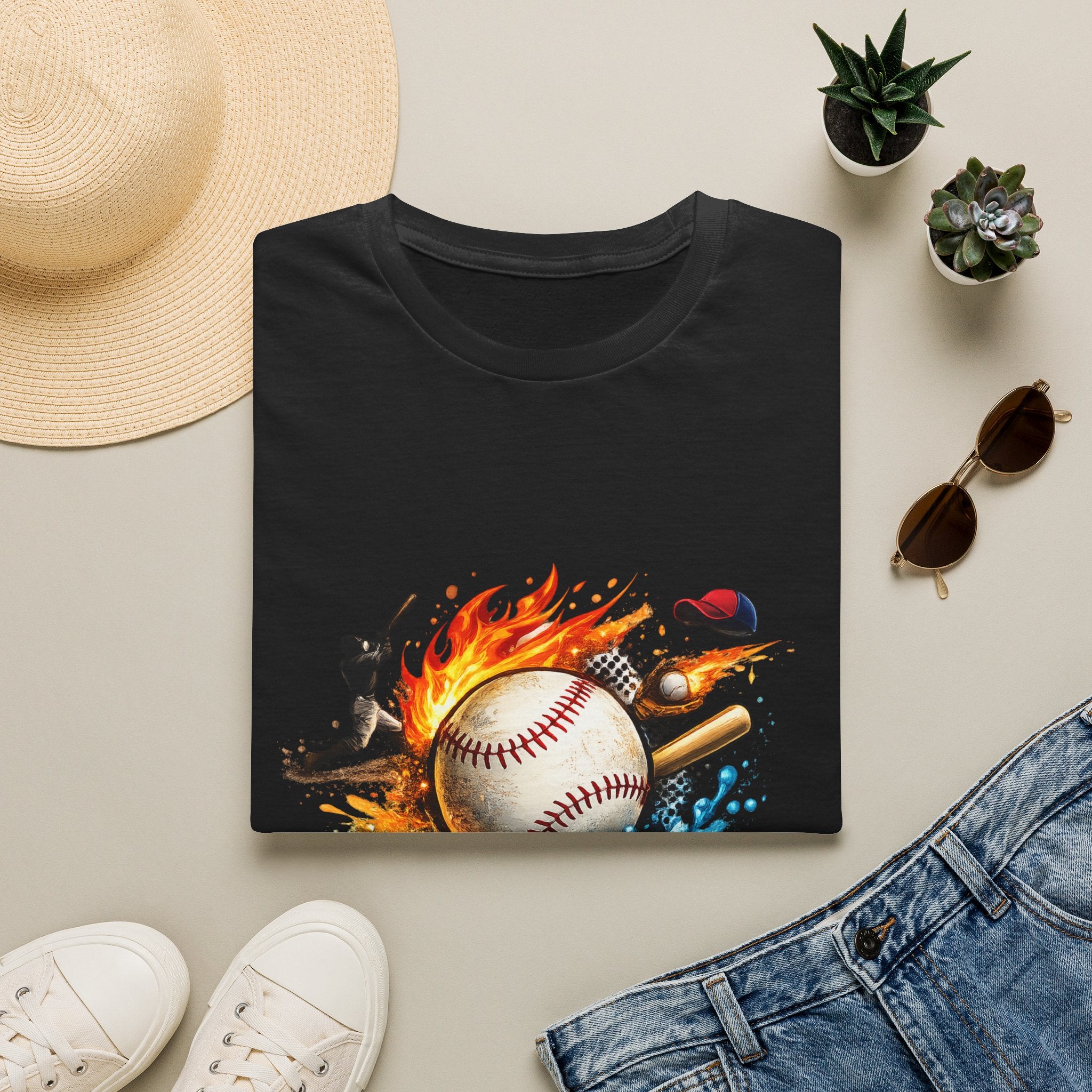 Baseball Inferno T-Shirt — Flaming Ball & Players Graphic Baseball Tee