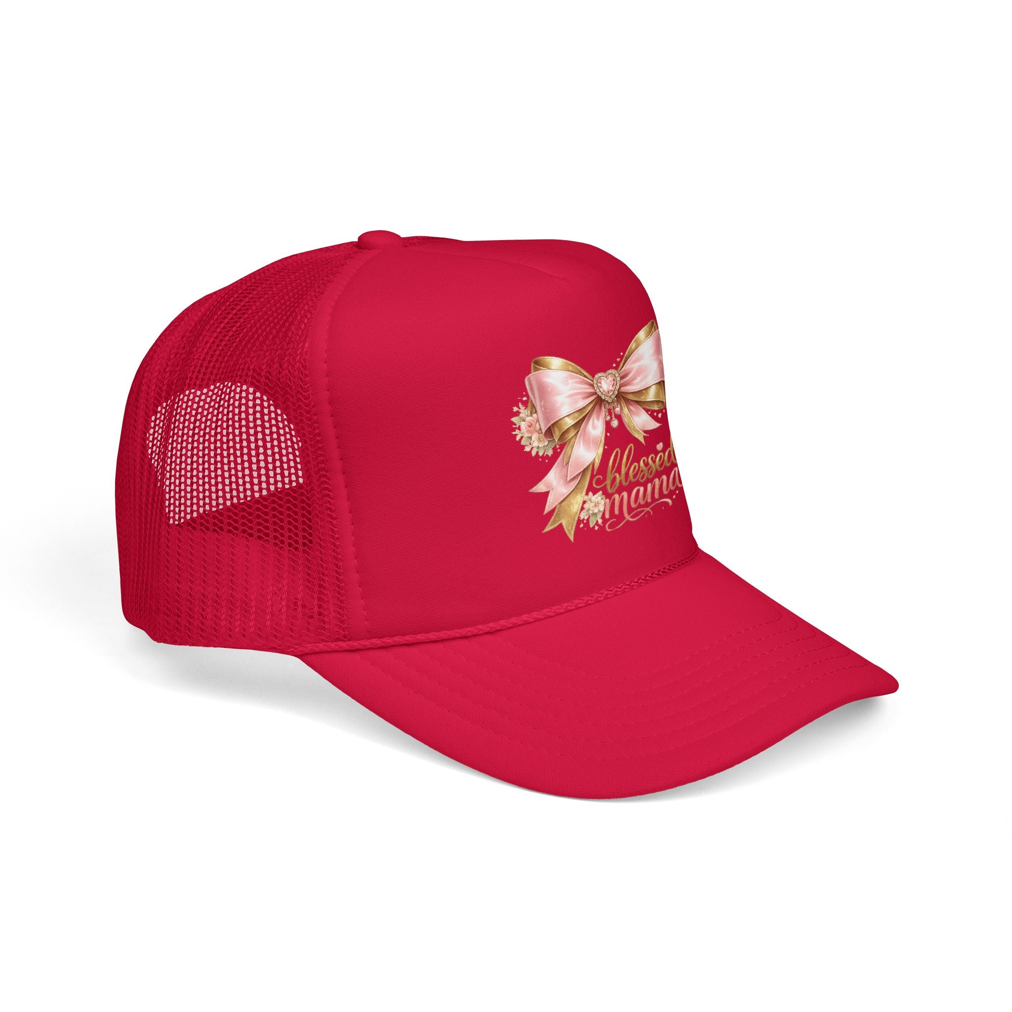 Blessed Mama Trucker Hat — Pink Ribbon Floral Mom Cap