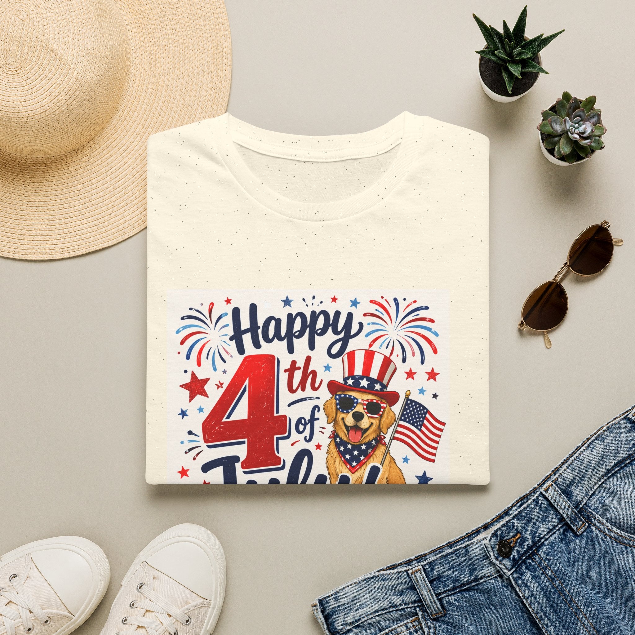 4th of July Dog T-Shirt — "Happy 4th of July" Patriotic Fireworks Tee