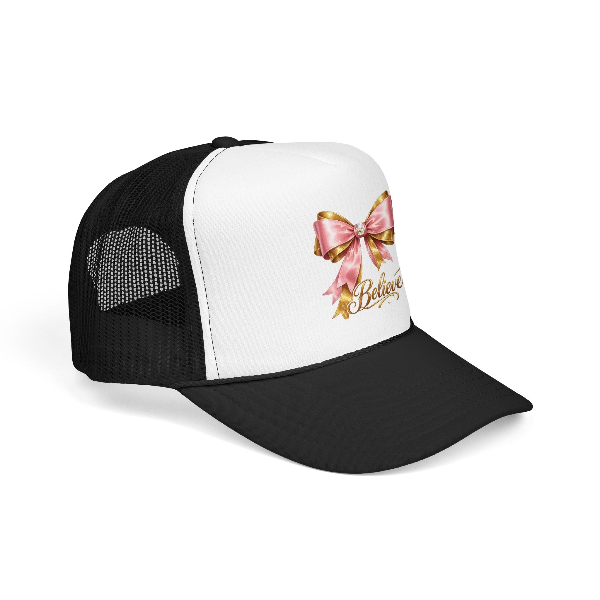 Believe Bow Trucker Hat – Pink Ribbon & Gold Script Foam Cap