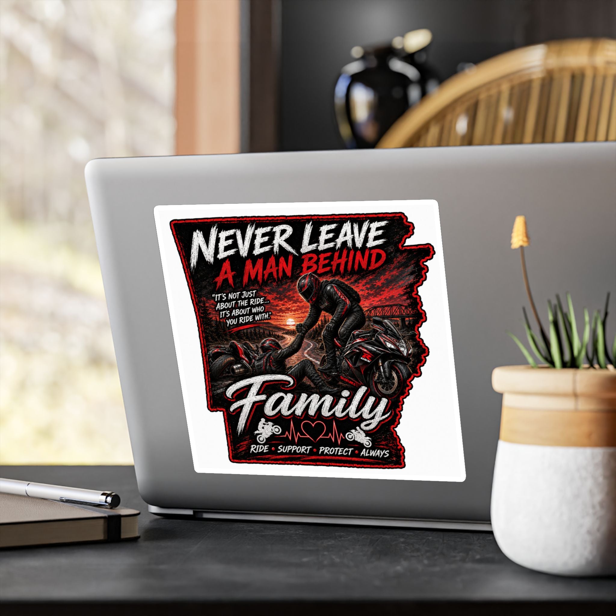 Kiss-Cut Sticker — “Never Leave a Man Behind” Motorcycle Family Rescue Decal