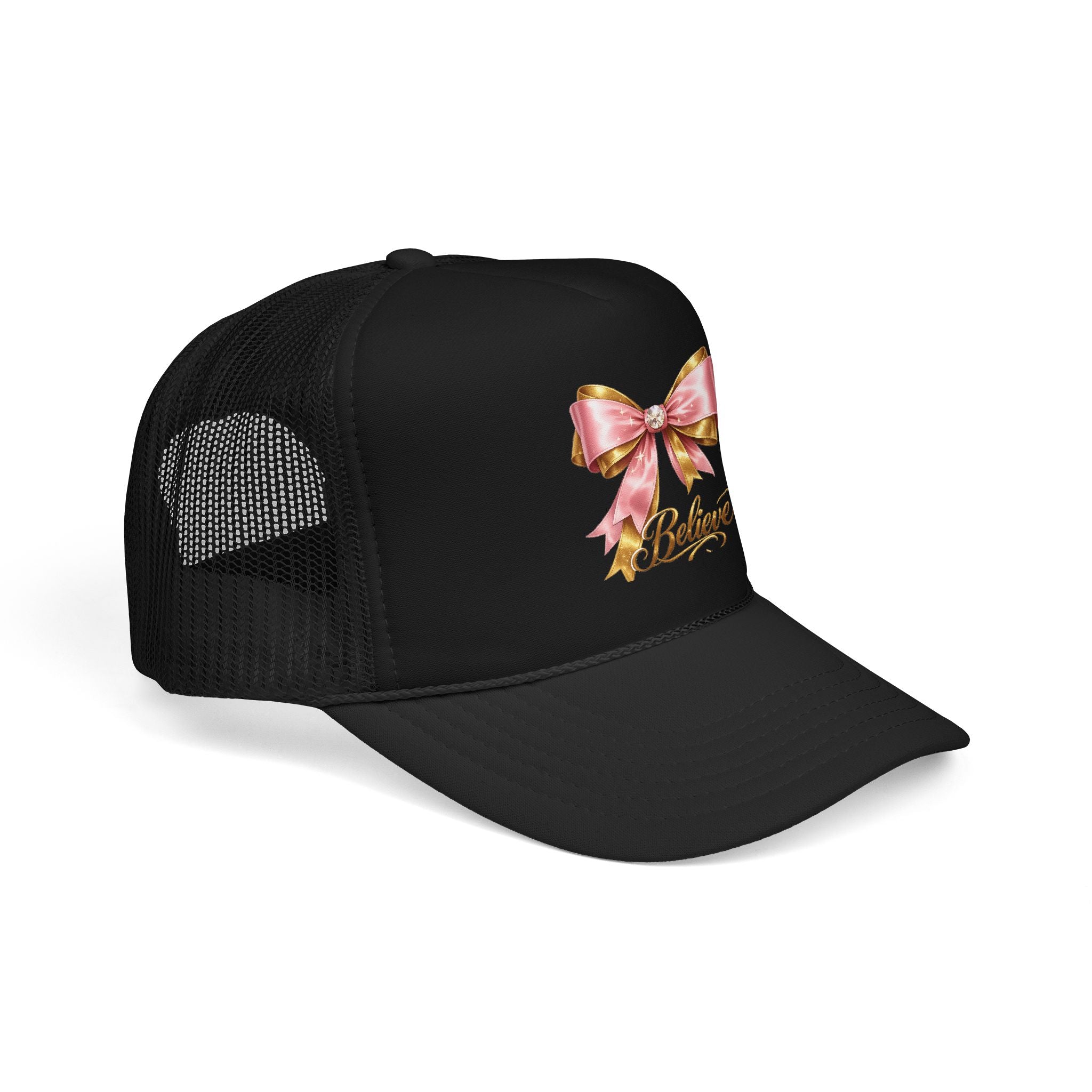 Believe Bow Trucker Hat – Pink Ribbon & Gold Script Foam Cap