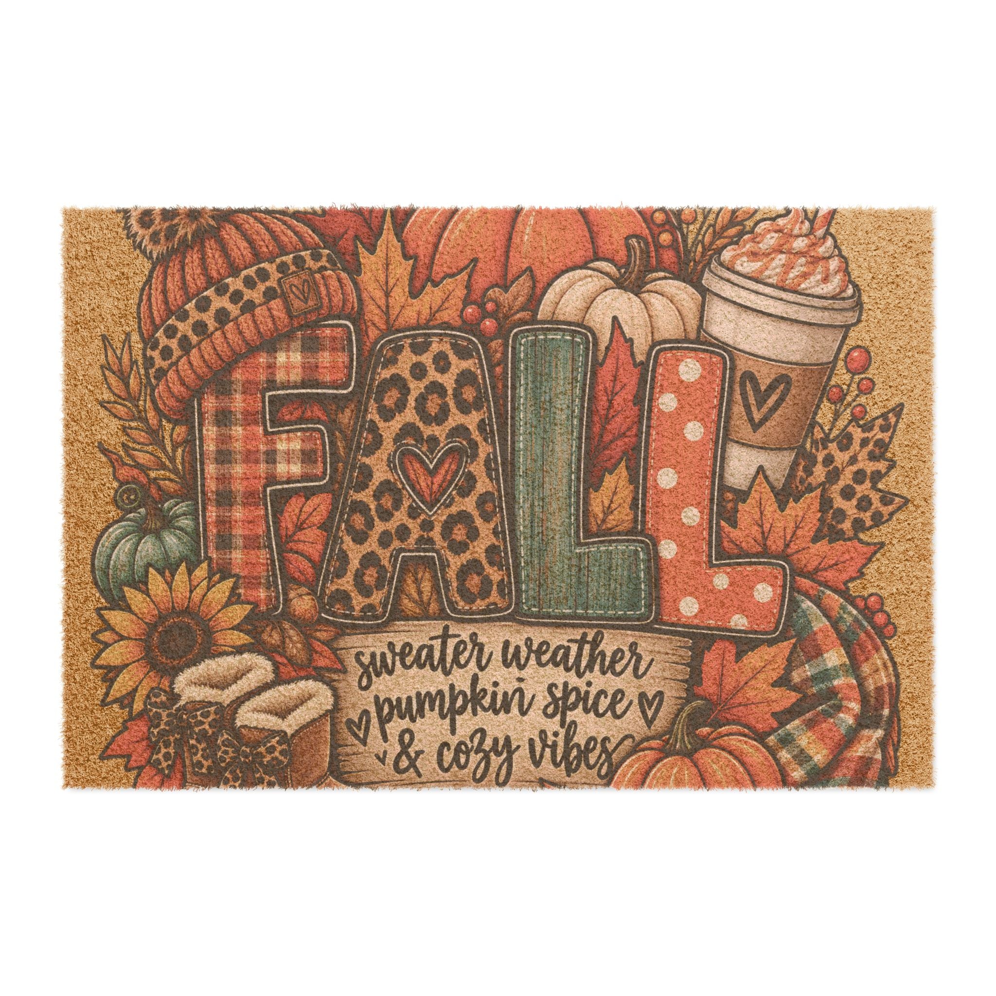 Fall Doormat — "Fall: Sweater Weather, Pumpkin Spice & Cozy Vibes" Autumn Welcome Mat