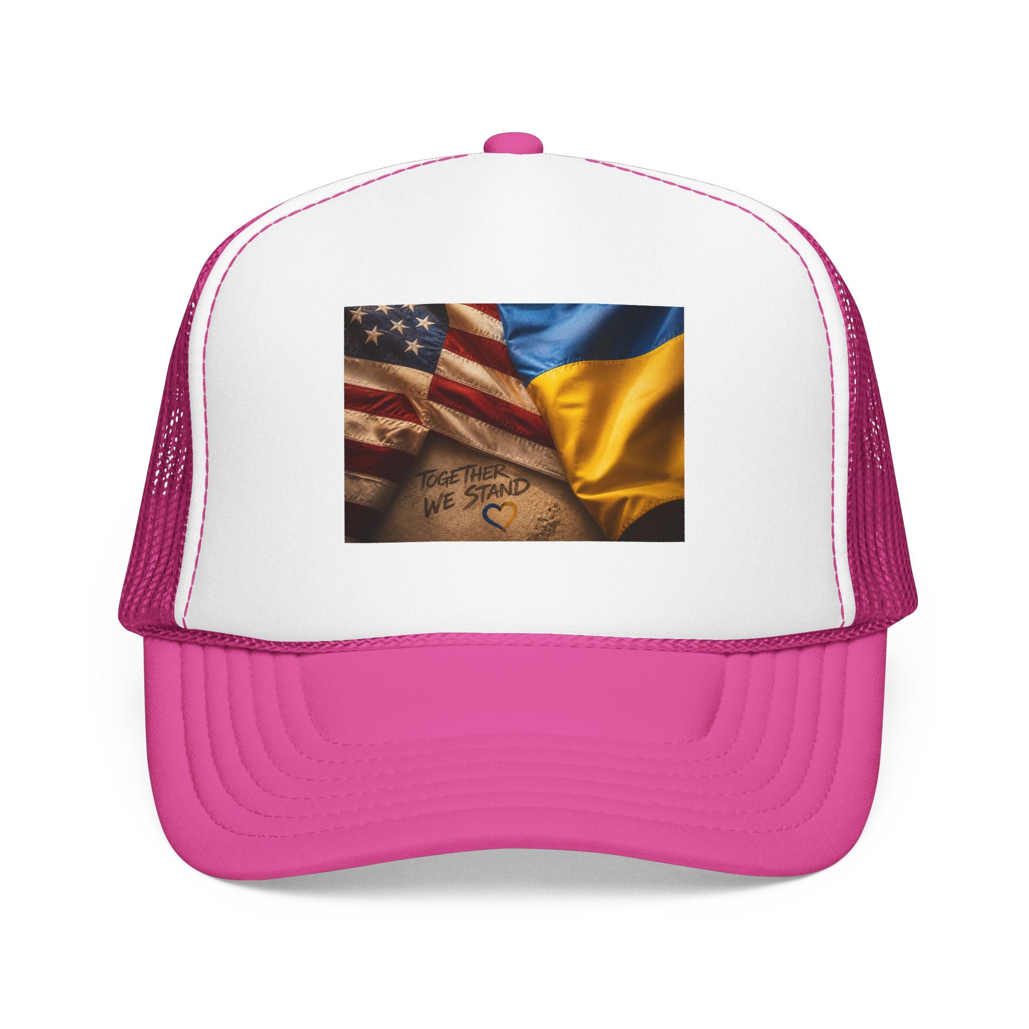 Trucker Hat — American & Ukrainian Flags "Together We Stand" Patriotic Foam Cap
