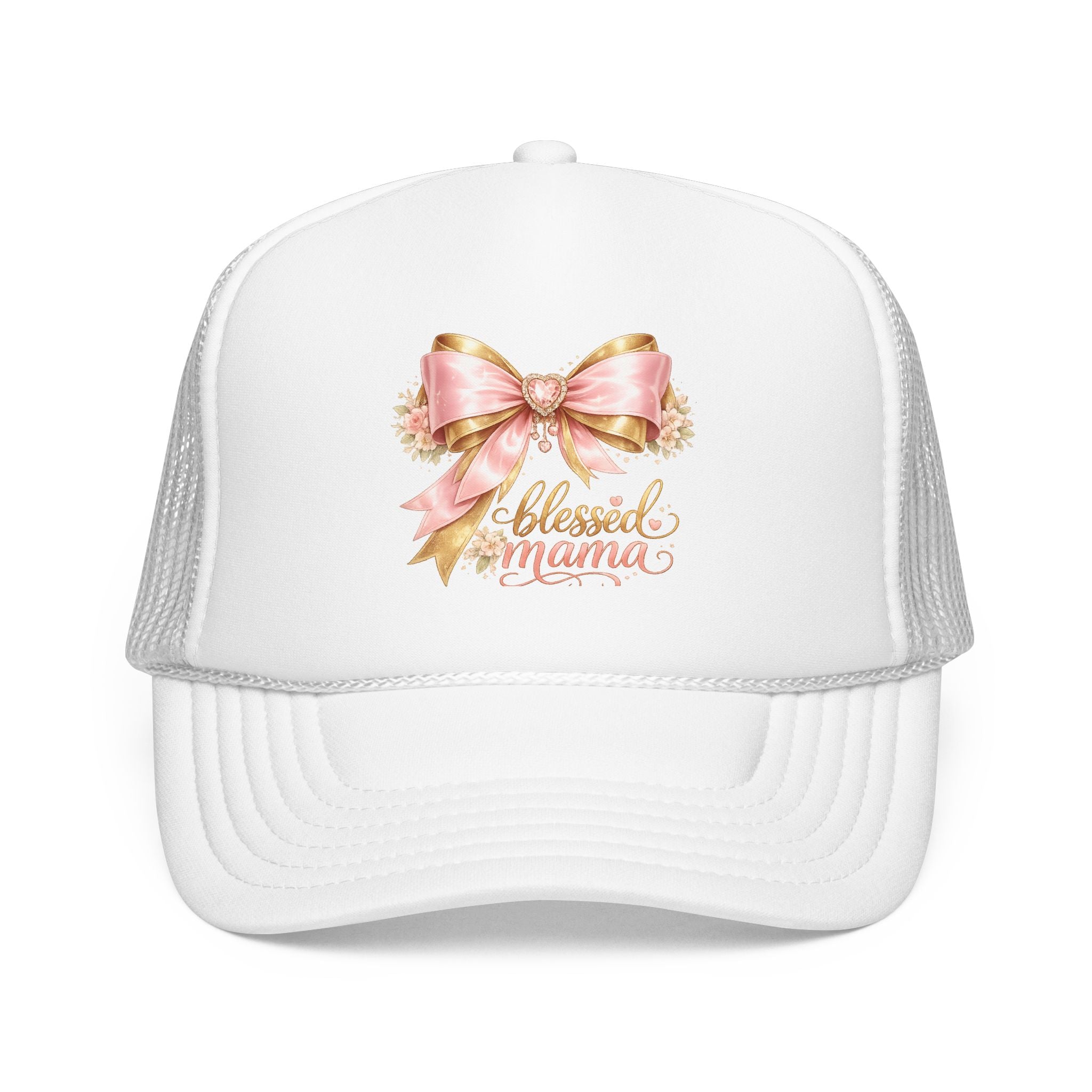 Blessed Mama Trucker Hat — Pink Ribbon Floral Mom Cap