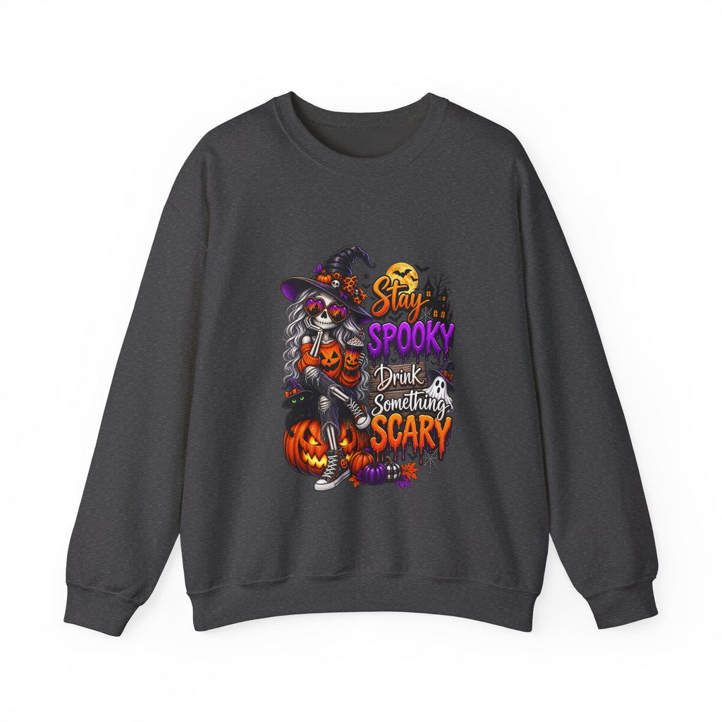 Halloween Crewneck Sweatshirt — "Stay Spooky, Drink Something Scary" Witch & Jack-O'-Lantern Design