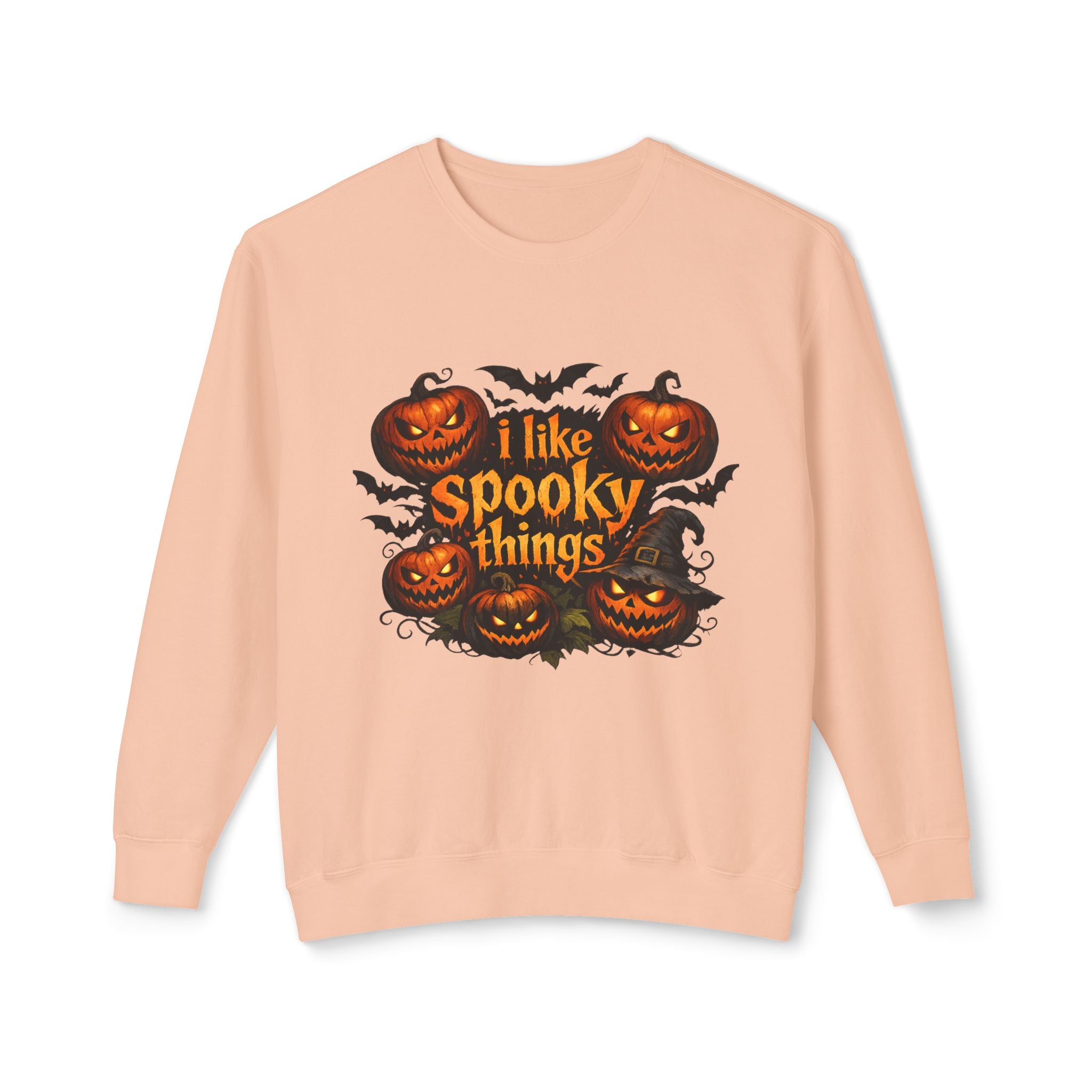Halloween Sweatshirt — "I Like Spooky Things" Pumpkin & Bats Crewneck