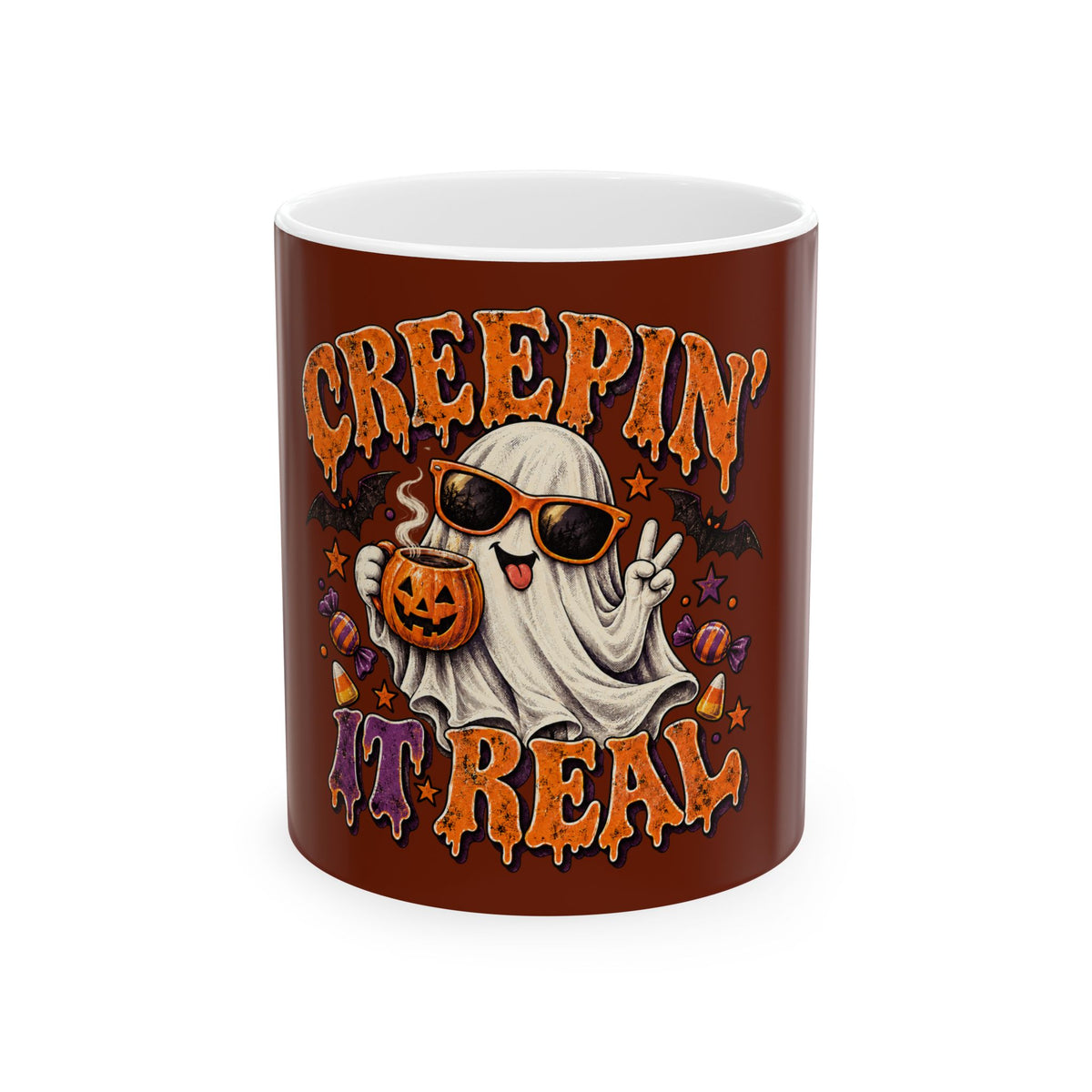 Halloween 'Creepin' It Real' Ceramic Mug — Funny Ghost Pumpkin Coffee Cup (11oz, 15oz)