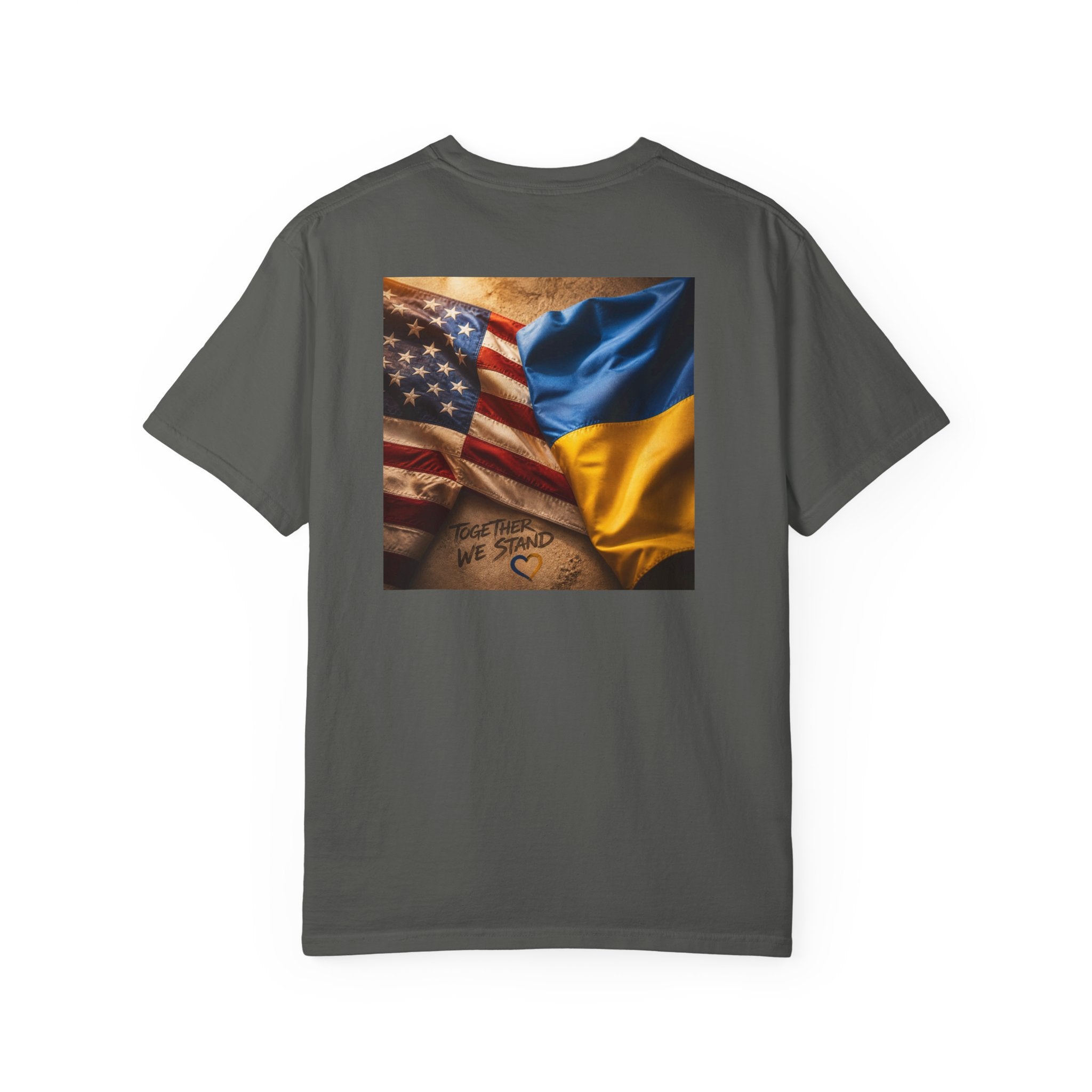 T-Shirt — USA & Ukraine Flag Heart Graphic Tee (Back Flag Image)