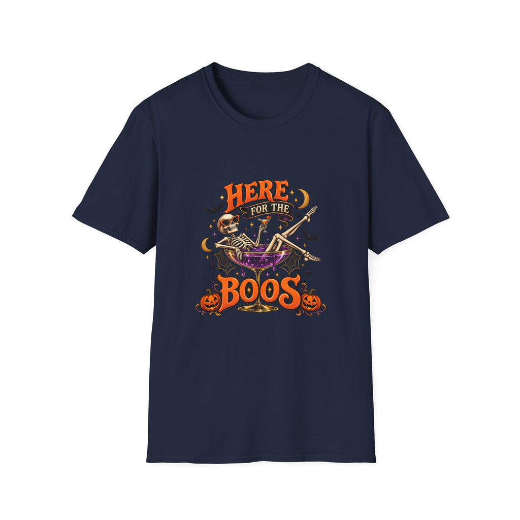 Here for the Boos Halloween T-Shirt — Skeleton Cauldron & Pumpkin Graphic Tee