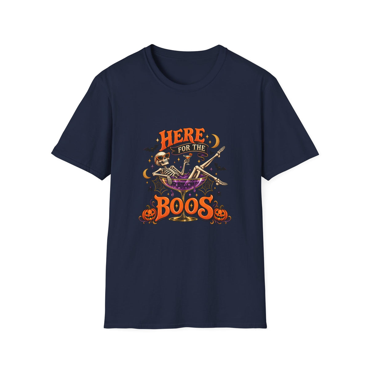 Here for the Boos Halloween T-Shirt — Skeleton Cauldron & Pumpkin Graphic Tee