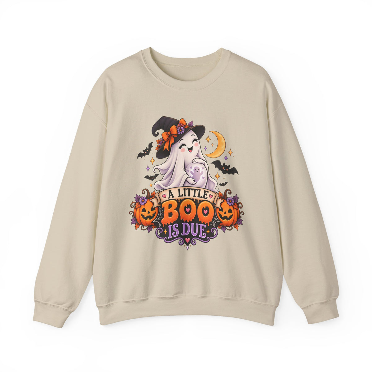 Halloween Maternity Sweatshirt — "A Little Boo Is Due" Ghost Mom Crewneck