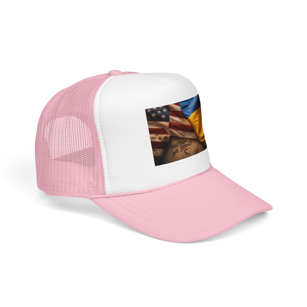 Trucker Hat — American & Ukrainian Flags "Together We Stand" Patriotic Foam Cap