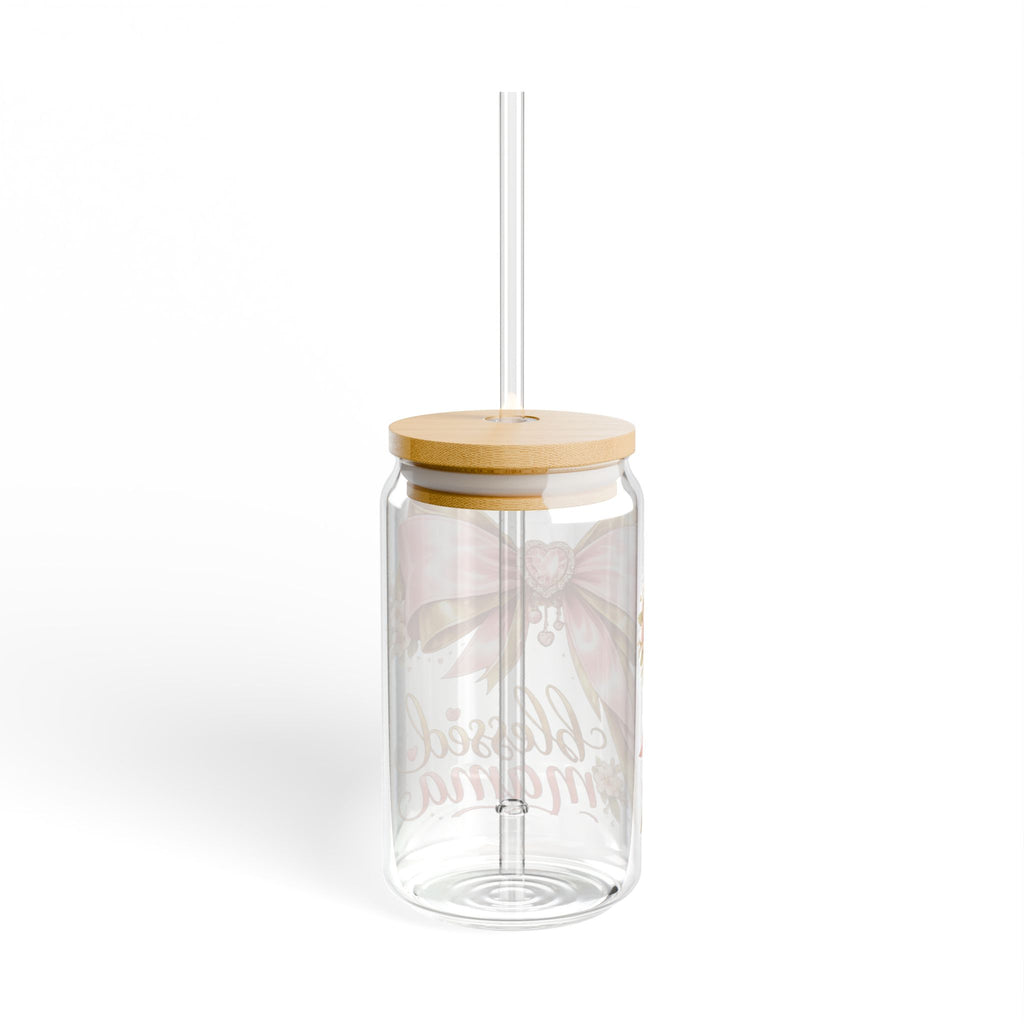 Blessed Mama Glass Sipper - 16oz Pink Ribbon Floral Tumbler with Straw