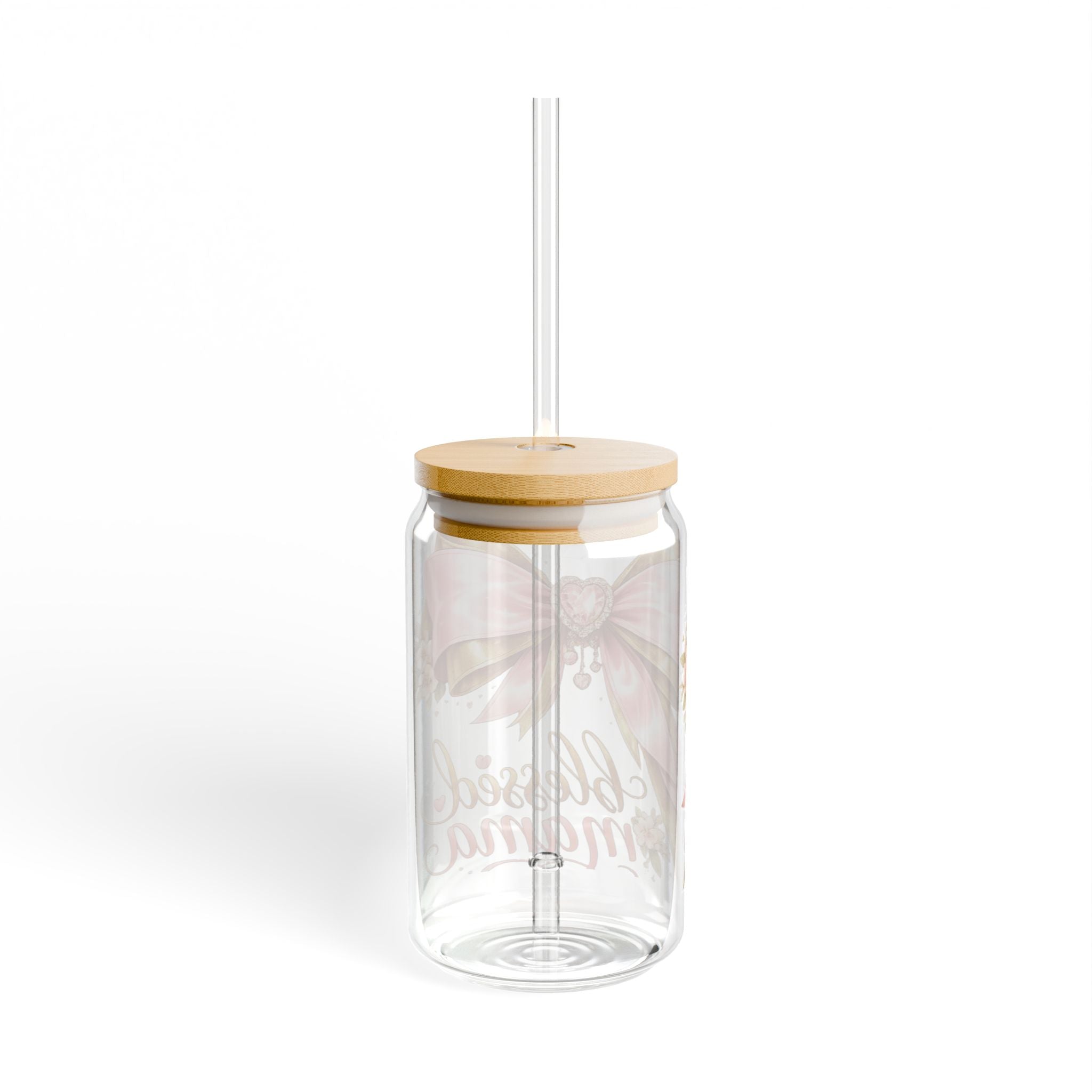 Blessed Mama Glass Sipper - 16oz Pink Ribbon Floral Tumbler with Straw