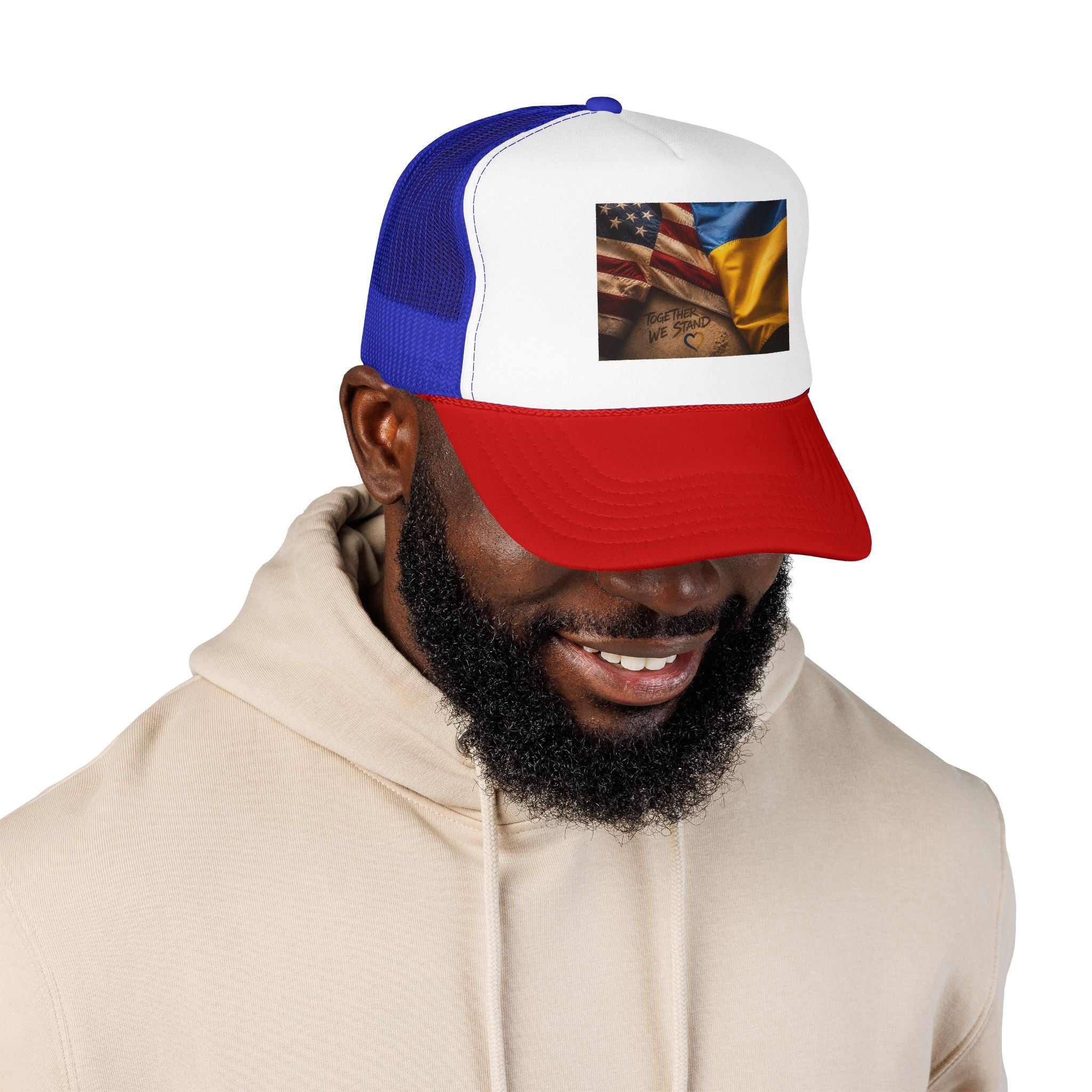 Trucker Hat — American & Ukrainian Flags "Together We Stand" Patriotic Foam Cap