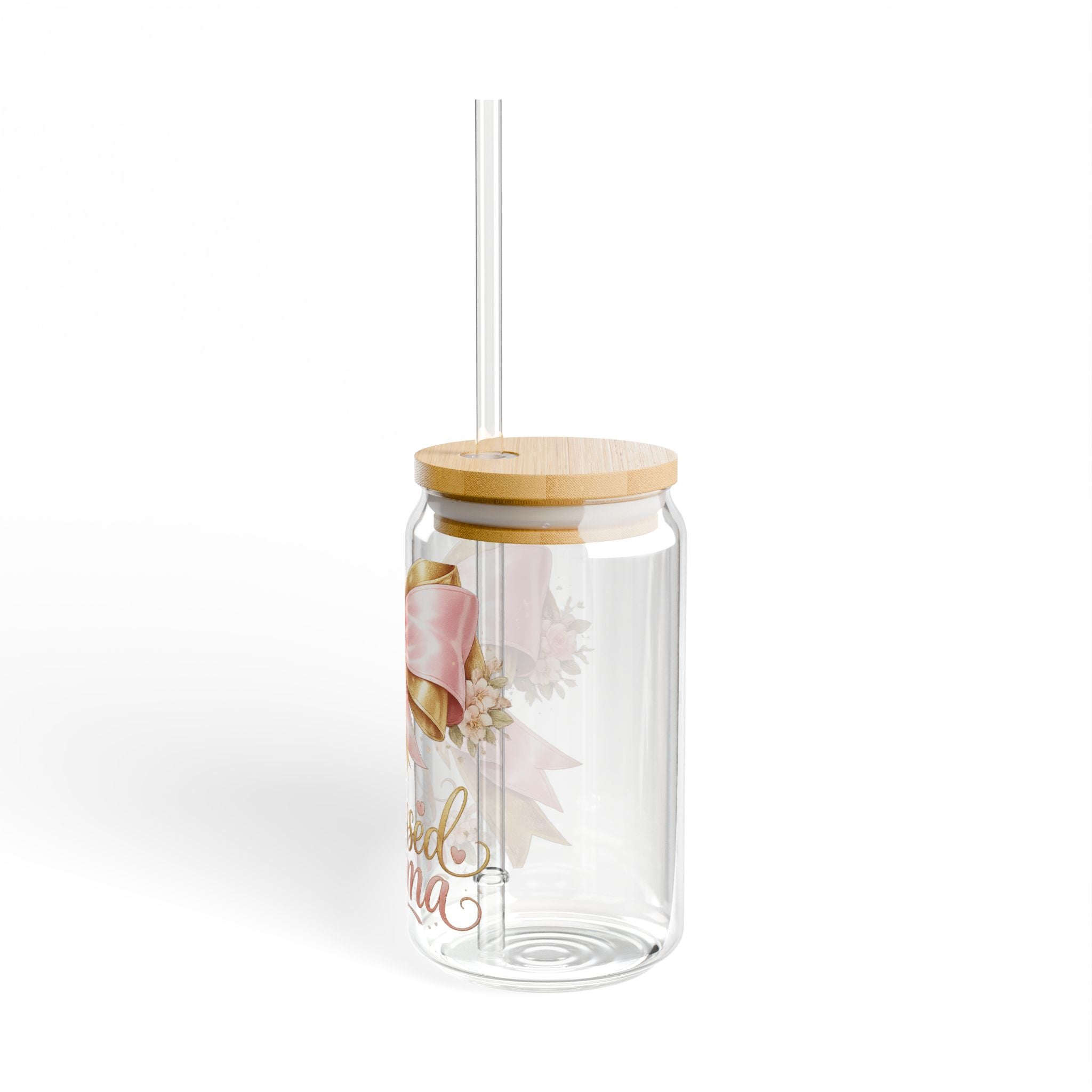Blessed Mama Glass Sipper - 16oz Pink Ribbon Floral Tumbler with Straw