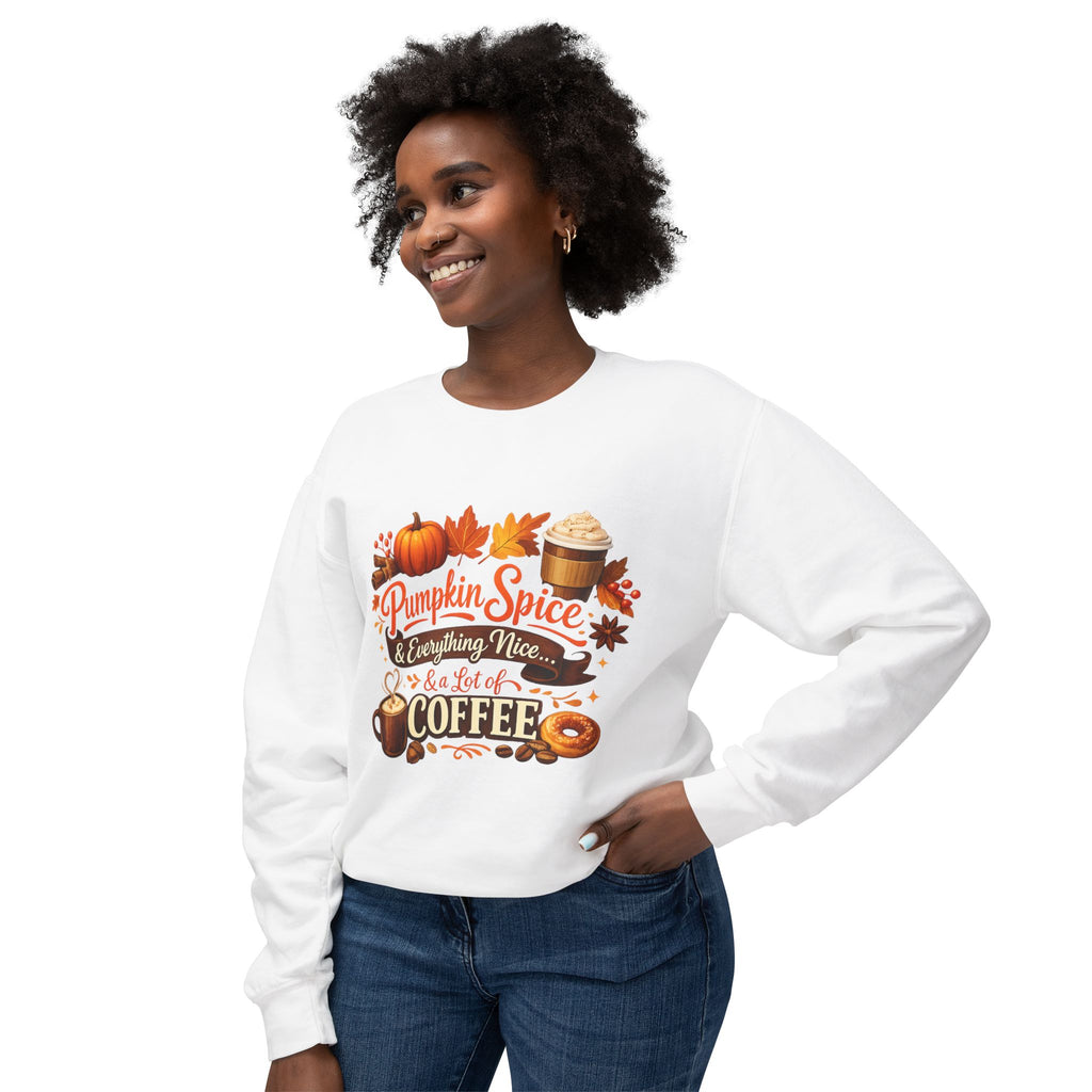 Pumpkin Spice & Coffee Crewneck Sweatshirt — Fall Cozy Coffee Lover Pullover