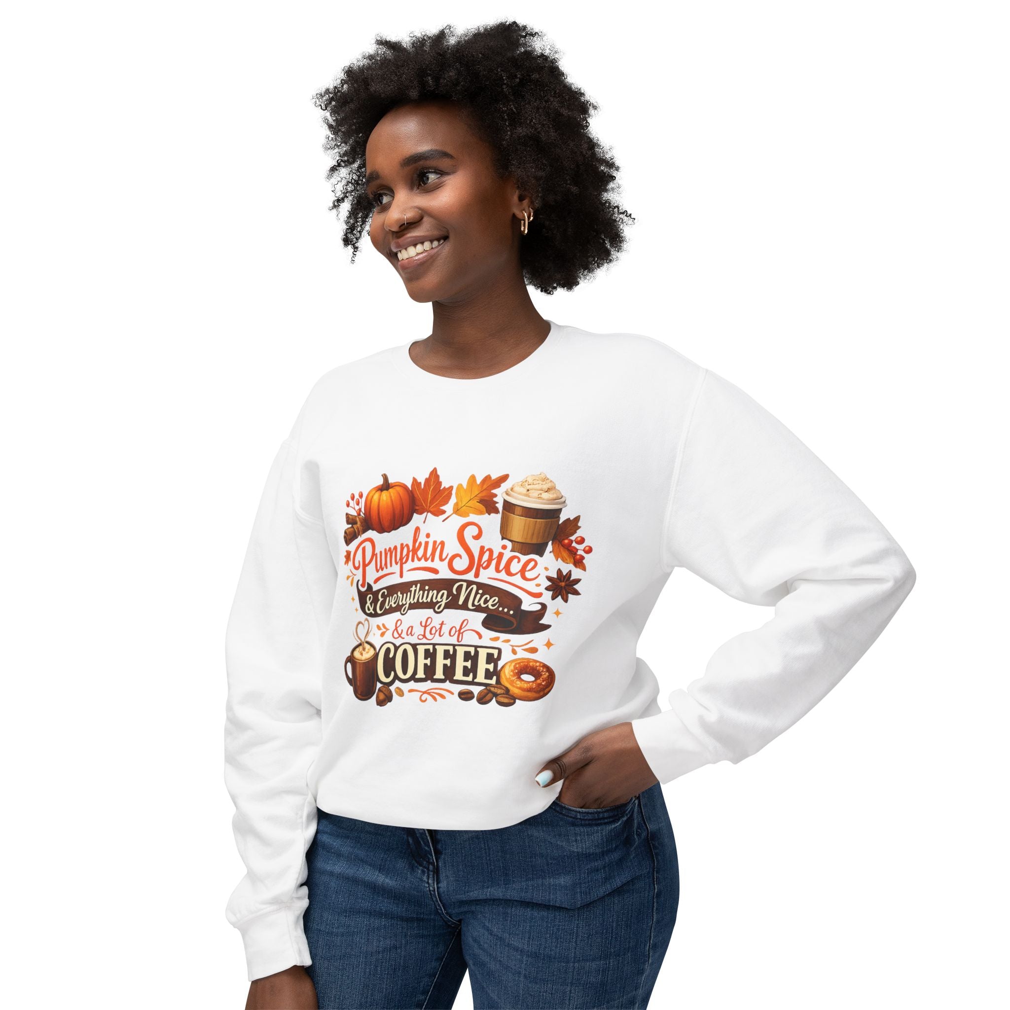 Pumpkin Spice & Coffee Crewneck Sweatshirt — Fall Cozy Coffee Lover Pullover