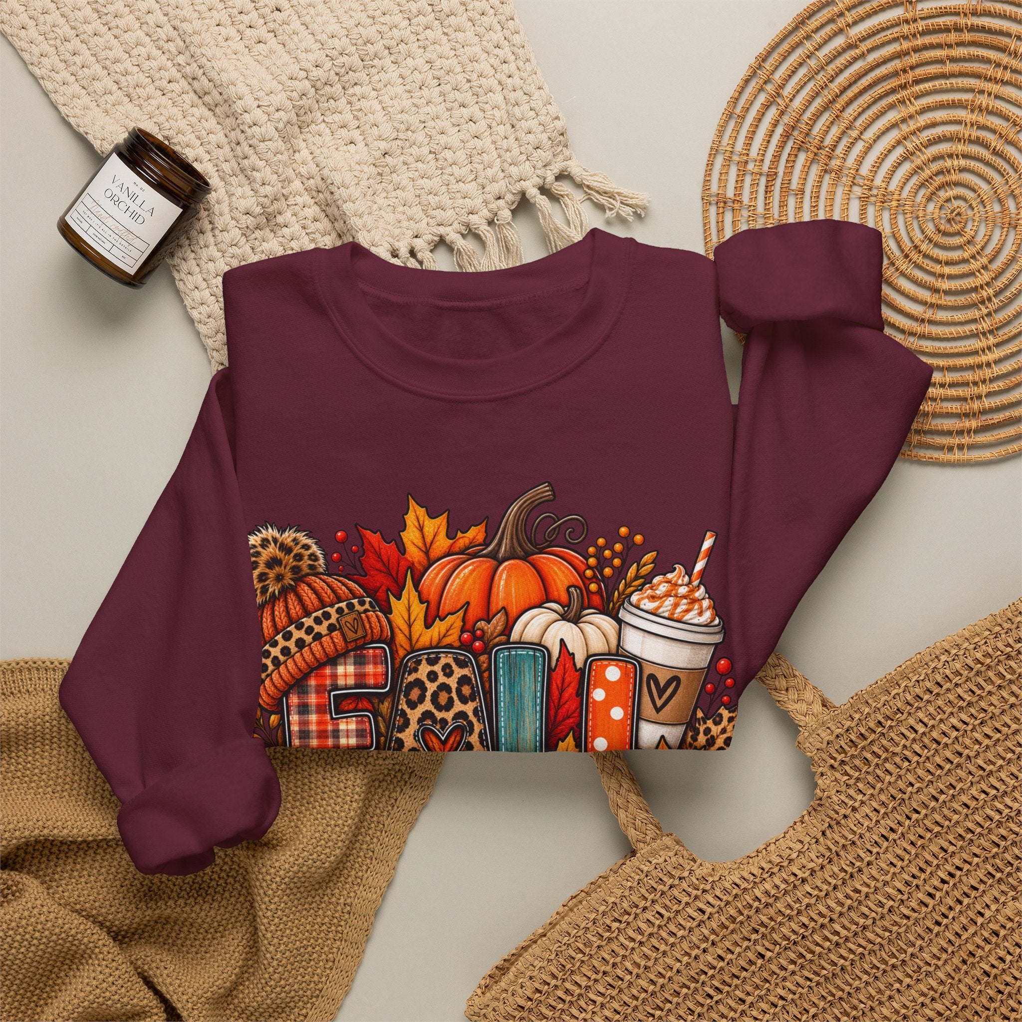 Fall Cozy Crewneck Sweatshirt — Pumpkin, Plaid & Coffee Autumn Graphic