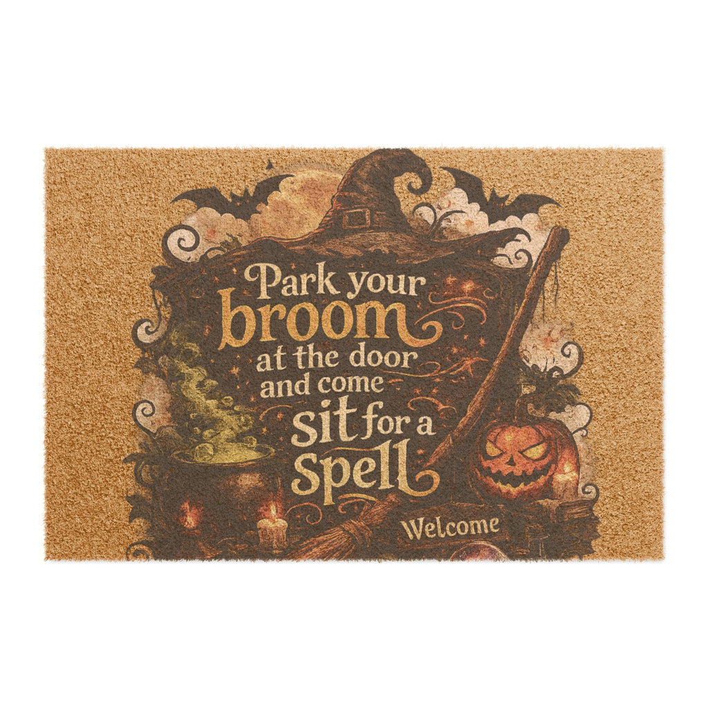 Halloween Witch Doormat — "Park Your Broom… Sit for a Spell" Welcome Mat