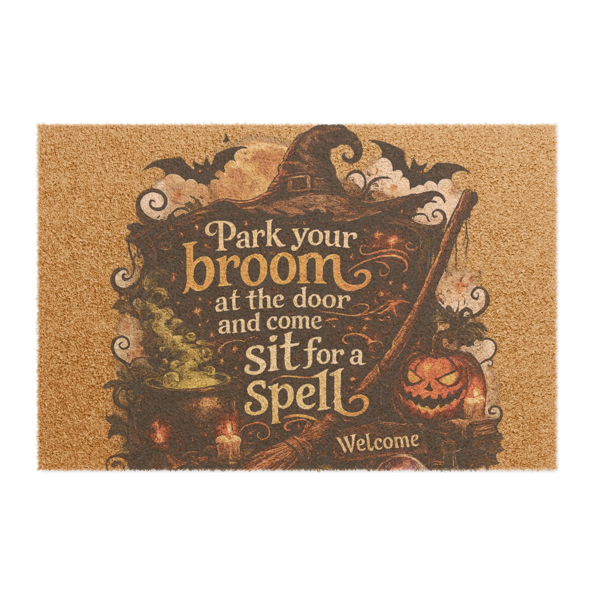 Halloween Witch Doormat — "Park Your Broom… Sit for a Spell" Welcome Mat