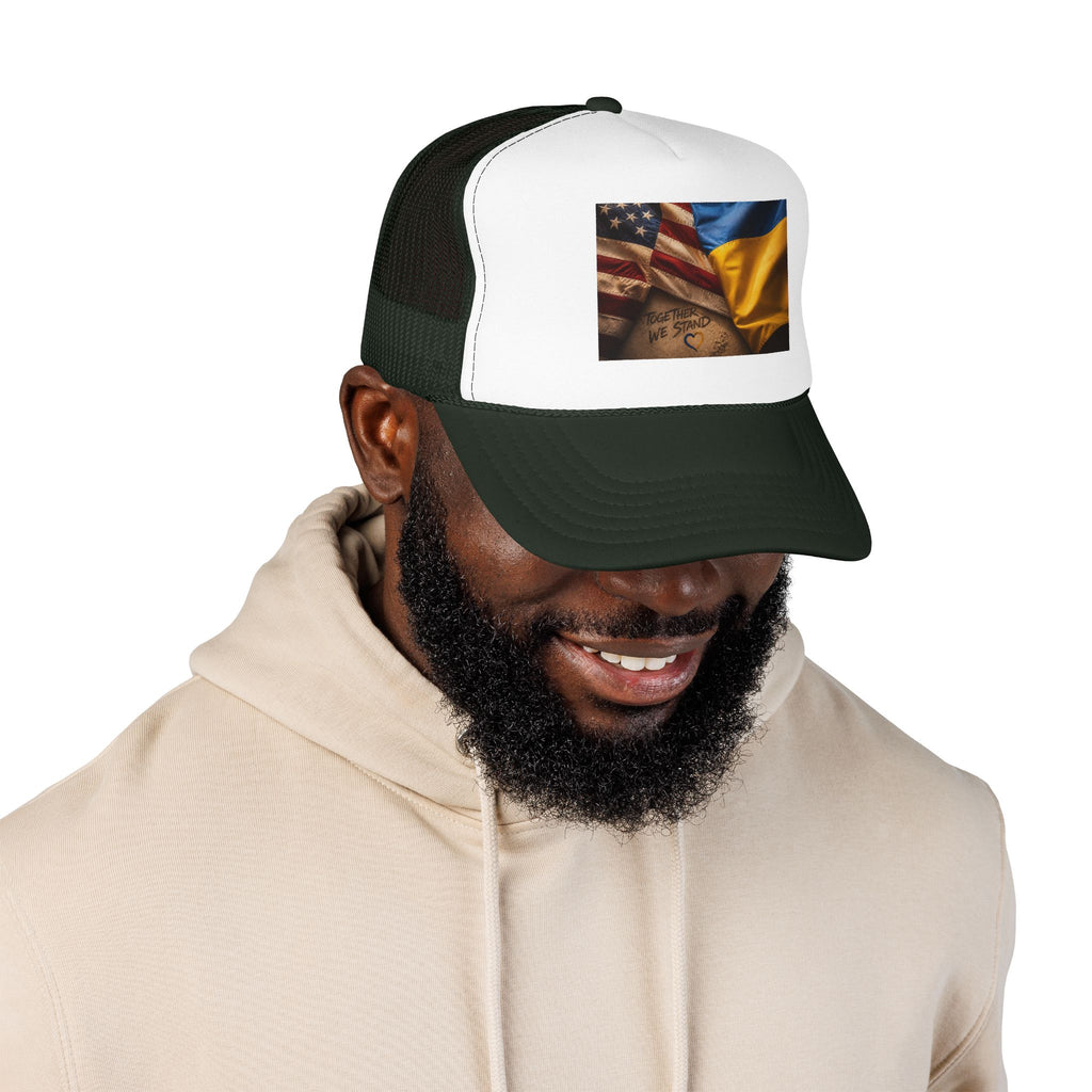 Trucker Hat — American & Ukrainian Flags "Together We Stand" Patriotic Foam Cap