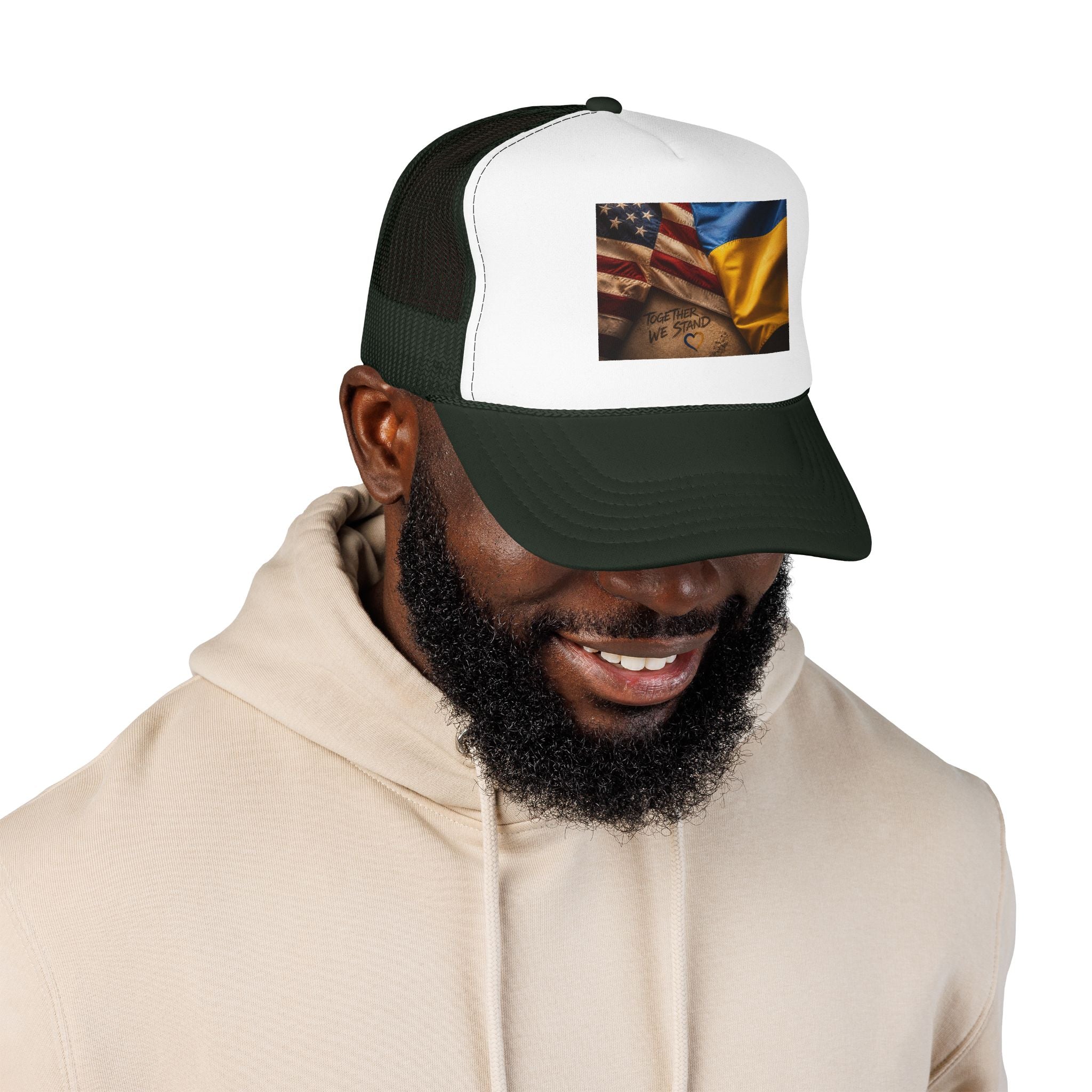 Trucker Hat — American & Ukrainian Flags "Together We Stand" Patriotic Foam Cap