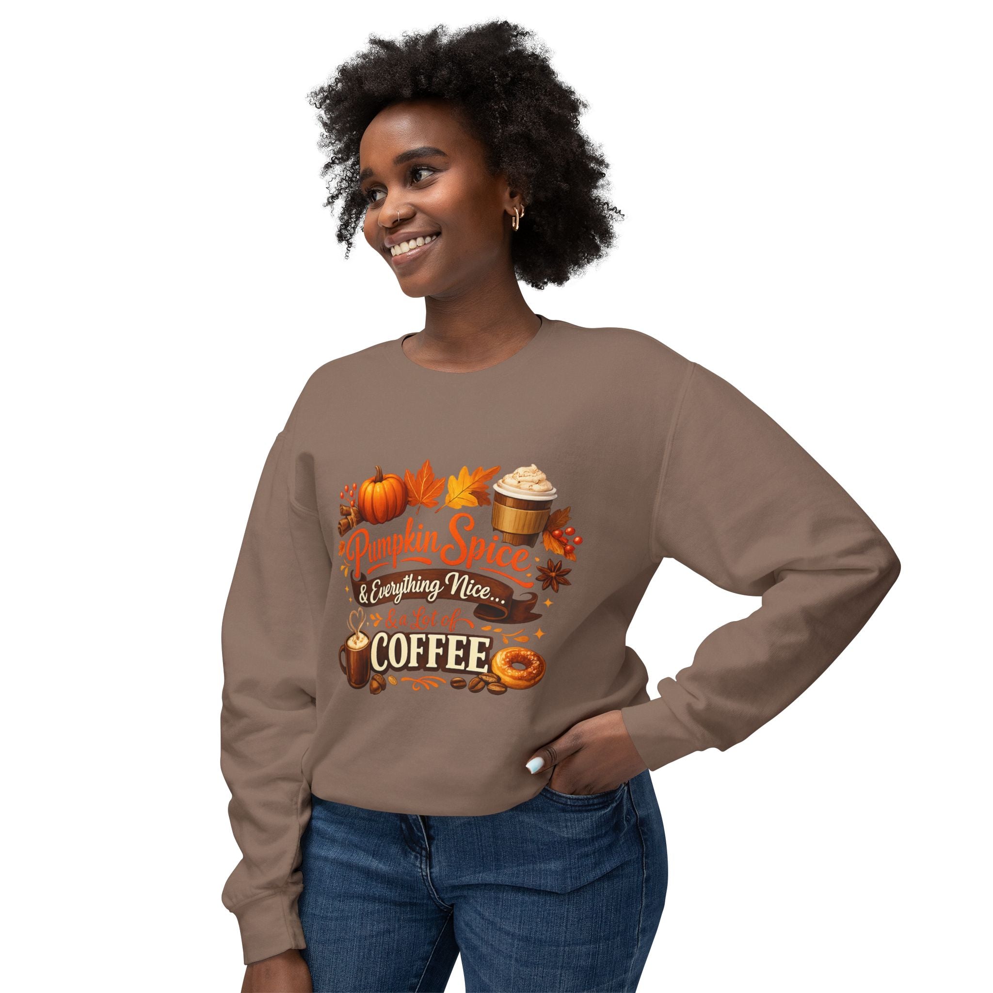 Pumpkin Spice & Coffee Crewneck Sweatshirt — Fall Cozy Coffee Lover Pullover