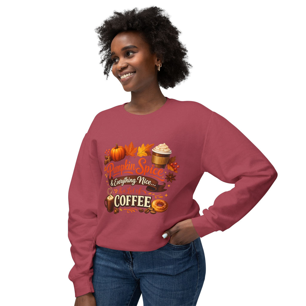 Pumpkin Spice & Coffee Crewneck Sweatshirt — Fall Cozy Coffee Lover Pullover