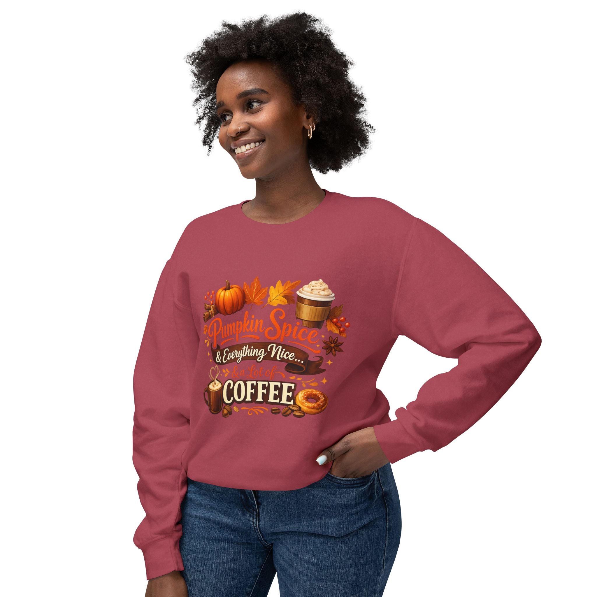 Pumpkin Spice & Coffee Crewneck Sweatshirt — Fall Cozy Coffee Lover Pullover