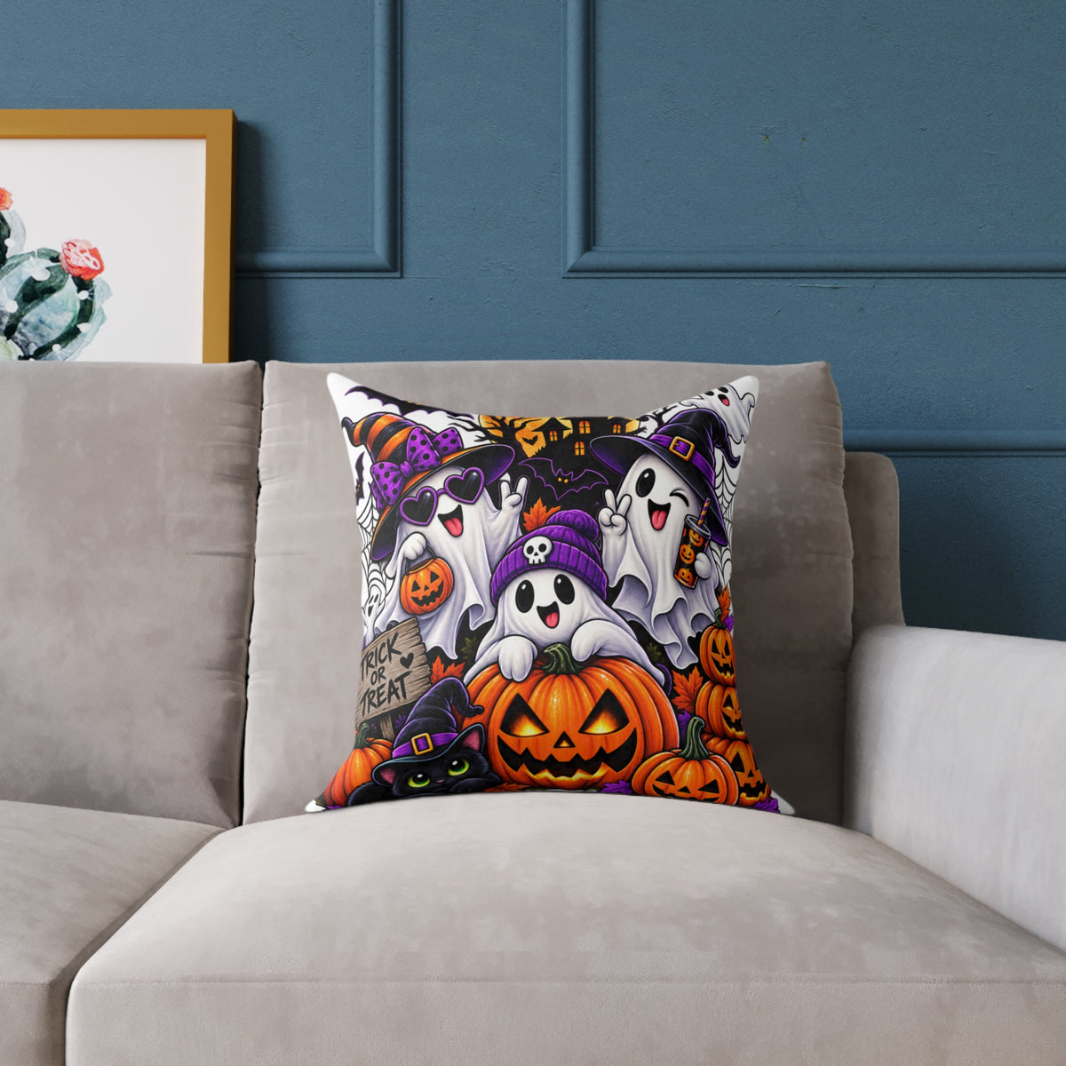 Halloween Ghosts & Pumpkins Square Pillow – Cute Trick-or-Treat Halloween Throw Pillow